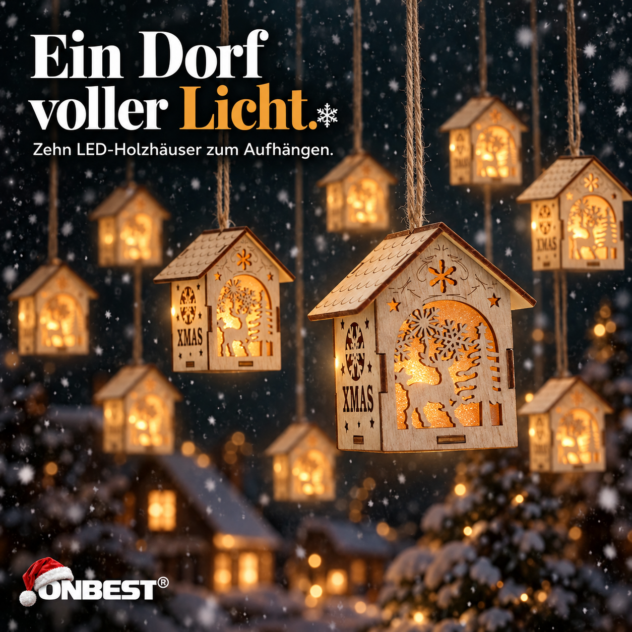 ONBEST LED-Holzhäuschen: 10 leuchtende Anhänger als Dorf dekoriert (Dieses Bild wurde mit Hilfe von KI generiert.)