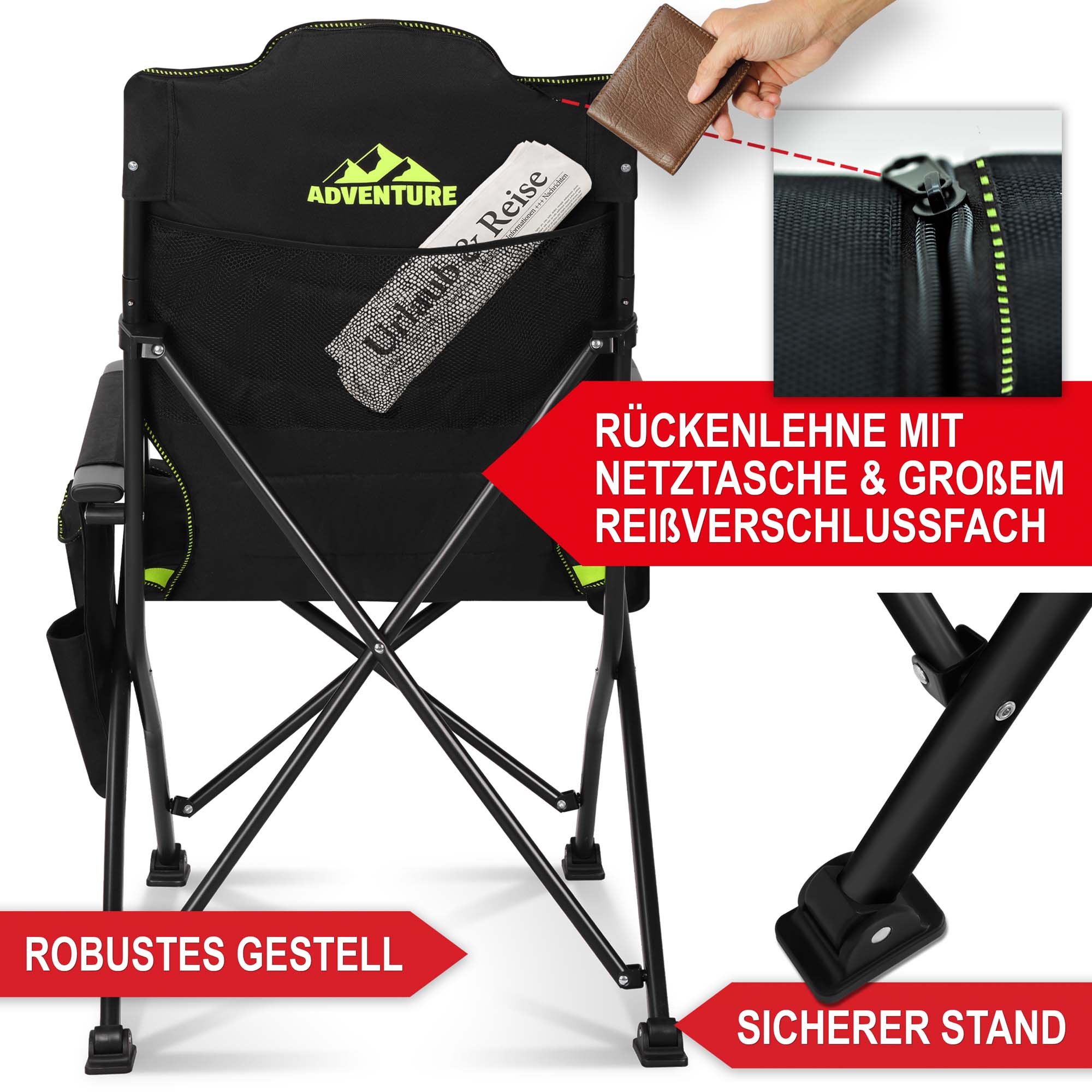 Campingstuhl schwarz/ grün - Rückenlehne mit Netztasche und großem Reißverschlussfach, robustes Gestell, sicherer Stand Campingstuhl schwarz/ grün - Rückenlehne mit Netztasche und großem Reißverschlussfach, robustes Gestell, sicherer Stand