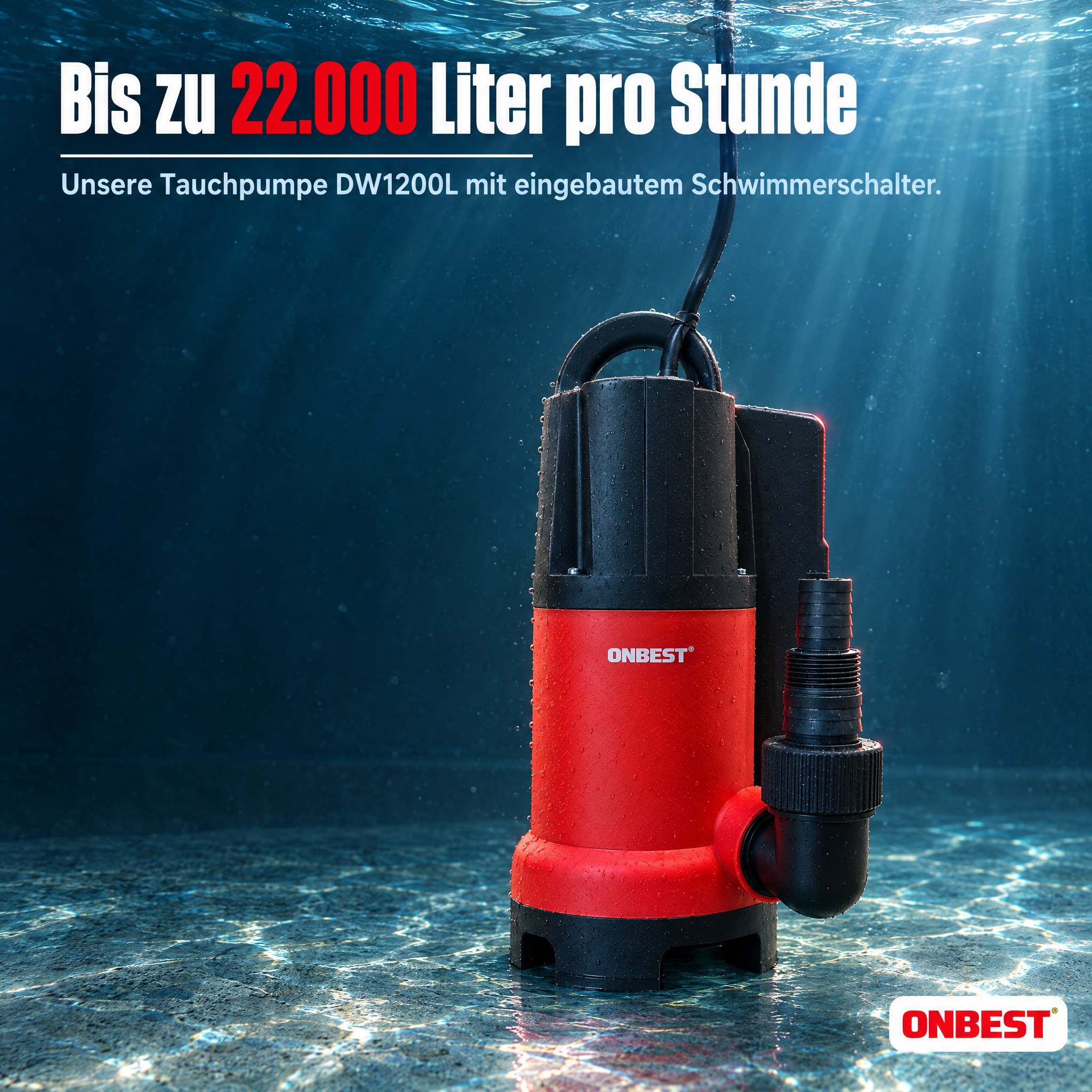 Tauchpumpe ONBEST DW1200L: Sehr hohe Leistung mit eingebautem Schwimmer (Dieses Bild wurde mit Hilfe von KI generiert.)