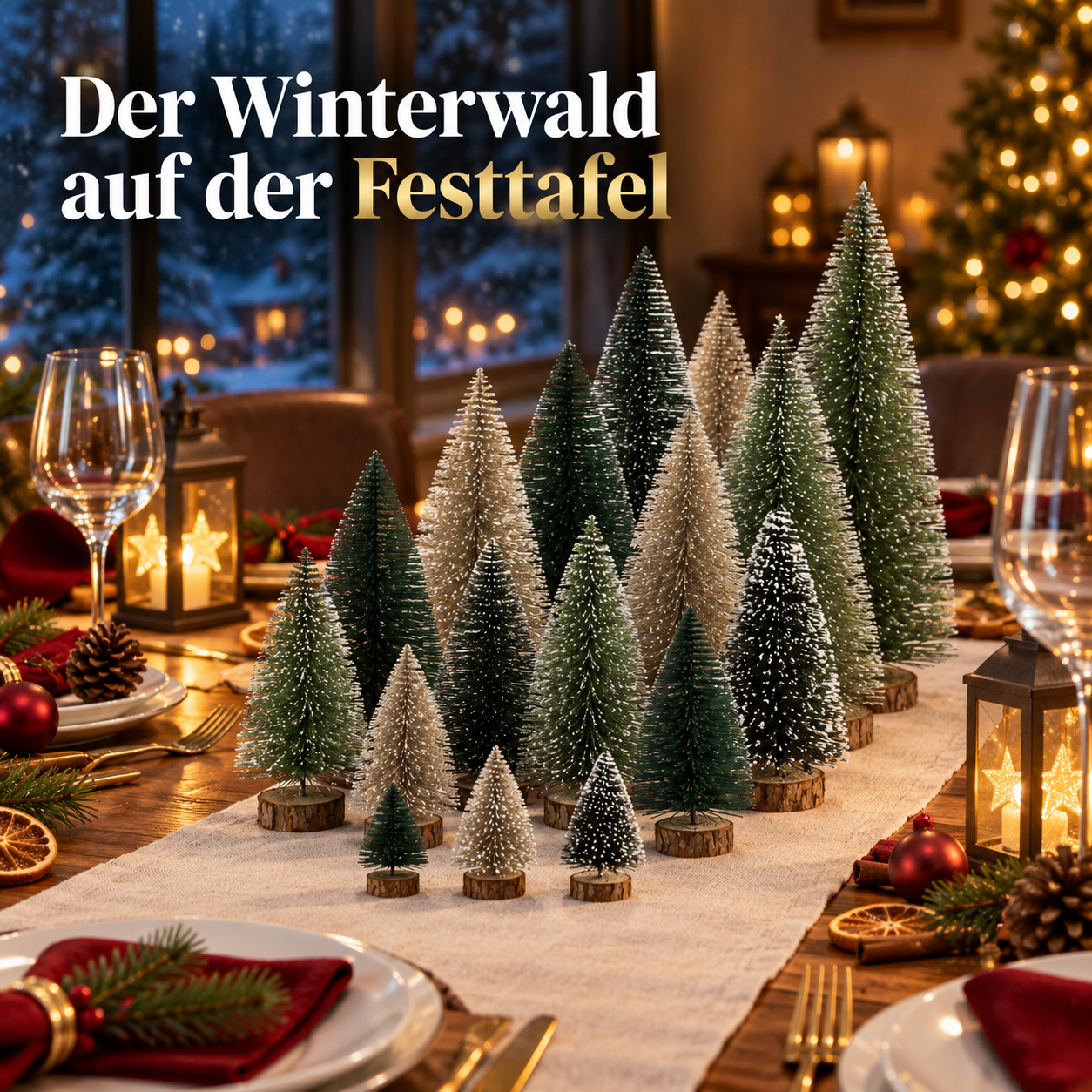 Künstlicher Winterwald: 20 Mini-Tannen als edle Festtafel (Dieses Bild wurde mit Hilfe von KI generiert.)