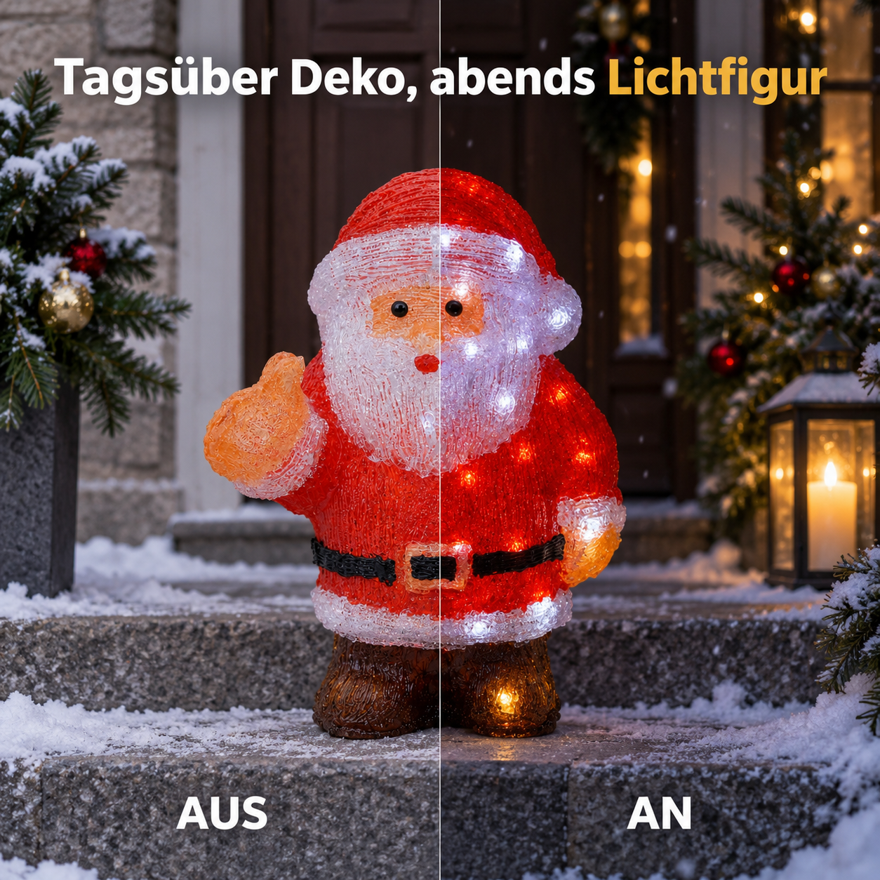 Deko-Weihnachtsmann ONBEST: Tagsüber farbige Figur, abends hell erleuchtet (Dieses Bild wurde mit Hilfe von KI generiert.)