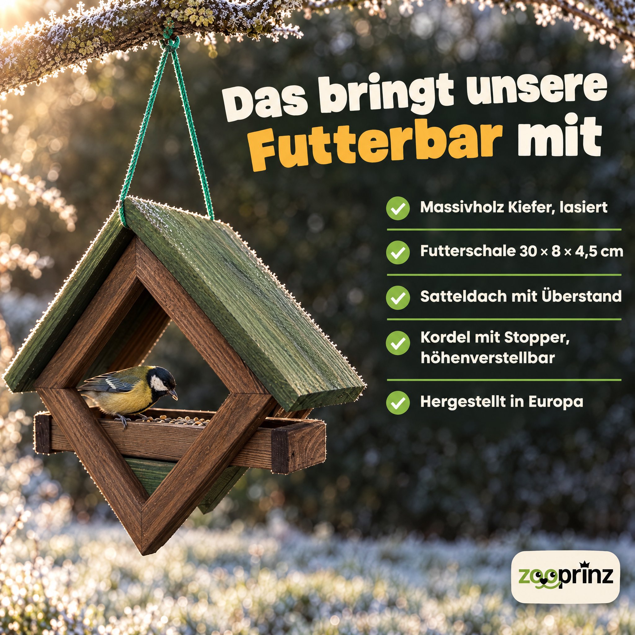 Birdy Bar Übersicht Braun-Grün: Alle Details zur Futterbar auf einen Blick (Dieses Bild wurde mit Hilfe von KI generiert.)