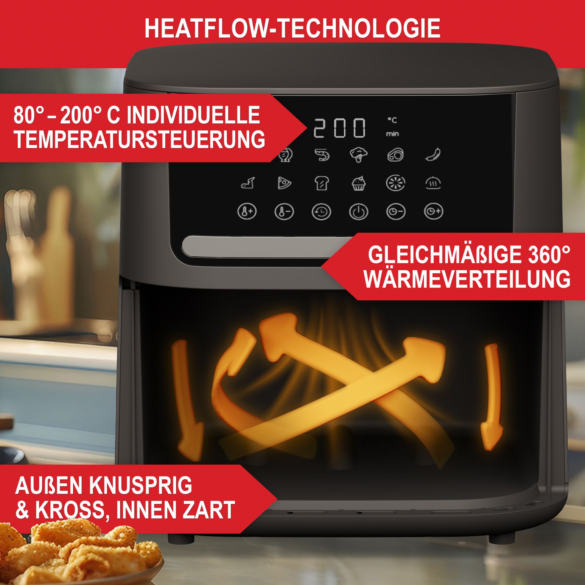 Heißluftfritteuse Airfryer - Heatflow-Technologie; individuelle Temperatursteuerung; gleichmäßige Wärmeverteilung; außen knusprig und innen zart
