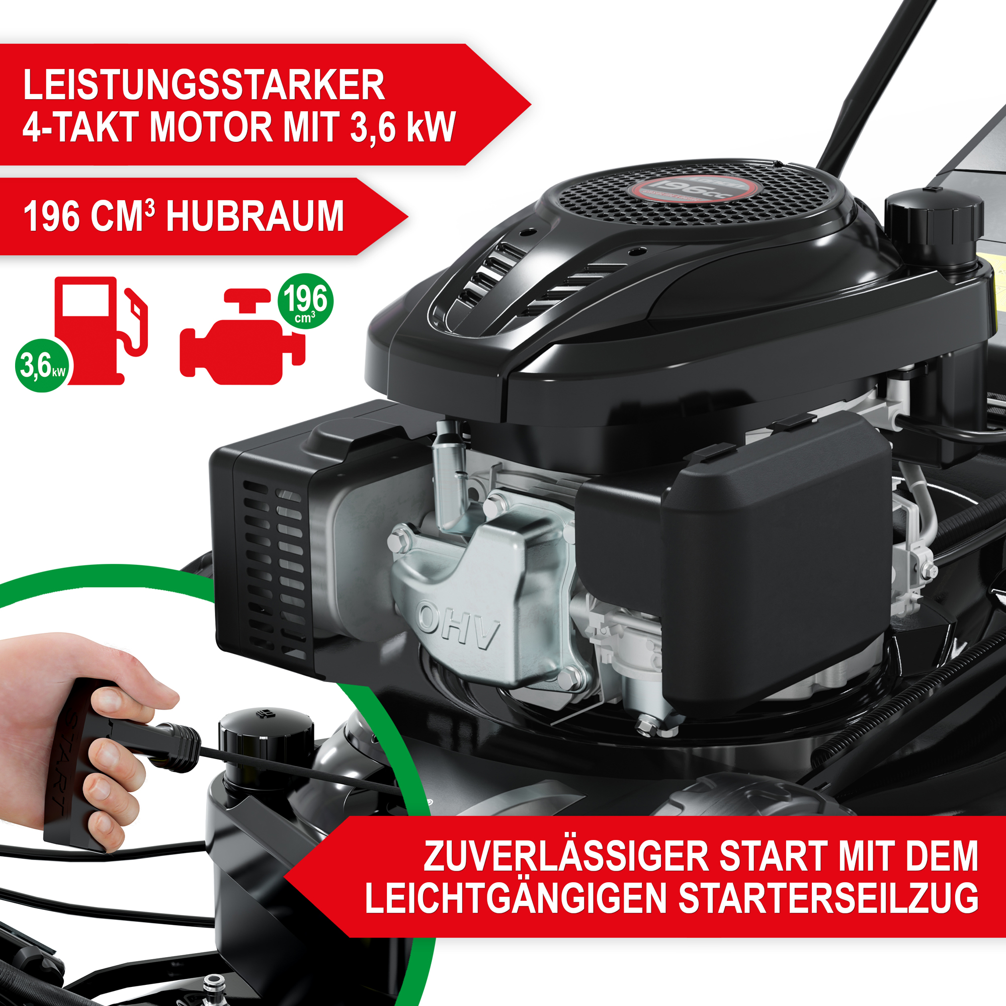 Rasenmäher Benzin TXC-3651; Leistungsstarker 4-Takt Motor mit 3,6 kW