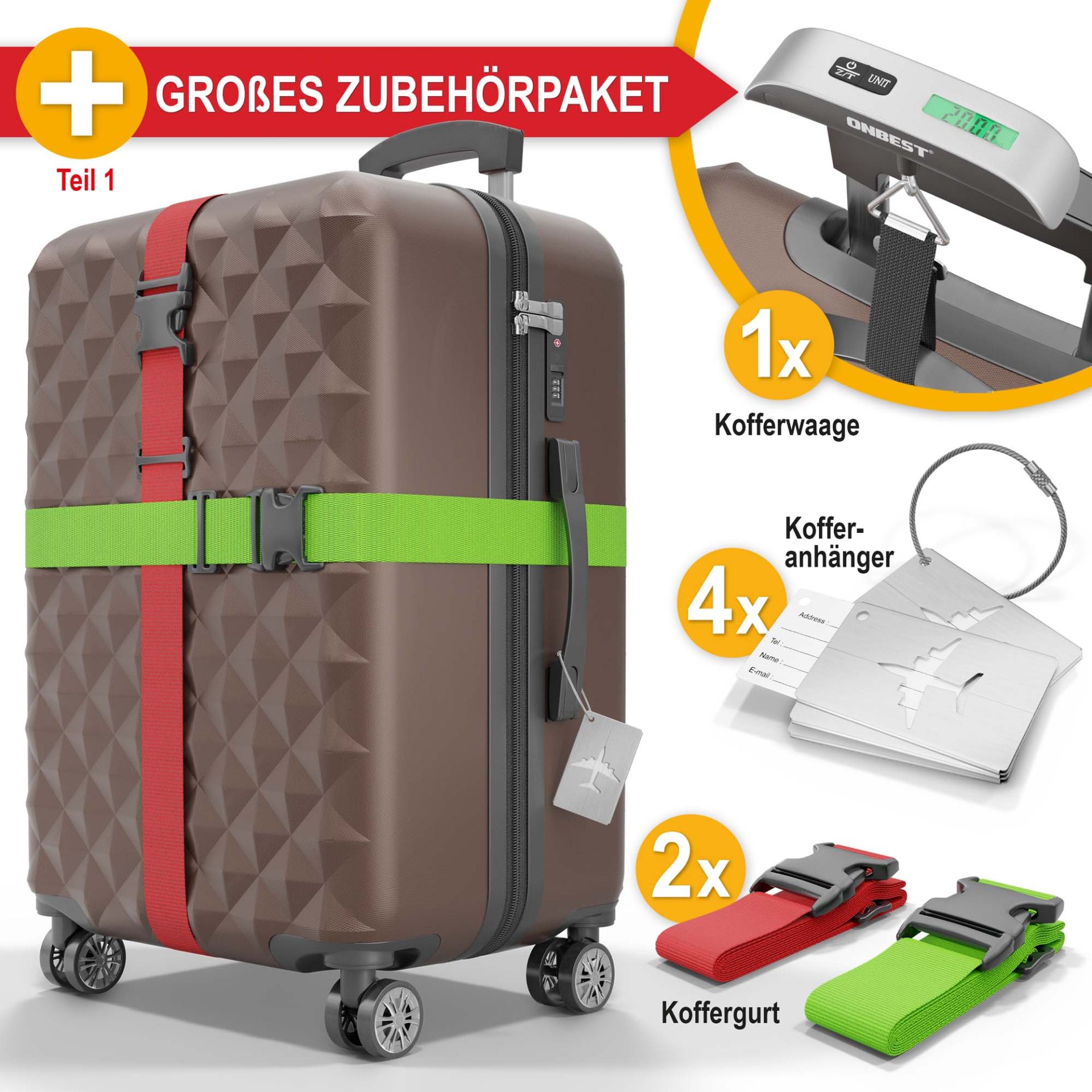 Hartschalenkofferset Coffee - Inklusive großem Zubehörpaket; 1 Kofferwaage; 4 Kofferanhänger; 2 Koffergurte Hartschalenkofferset Coffee - Inklusive großem Zubehörpaket; 1 Kofferwaage; 4 Kofferanhänger; 2 Koffergurte