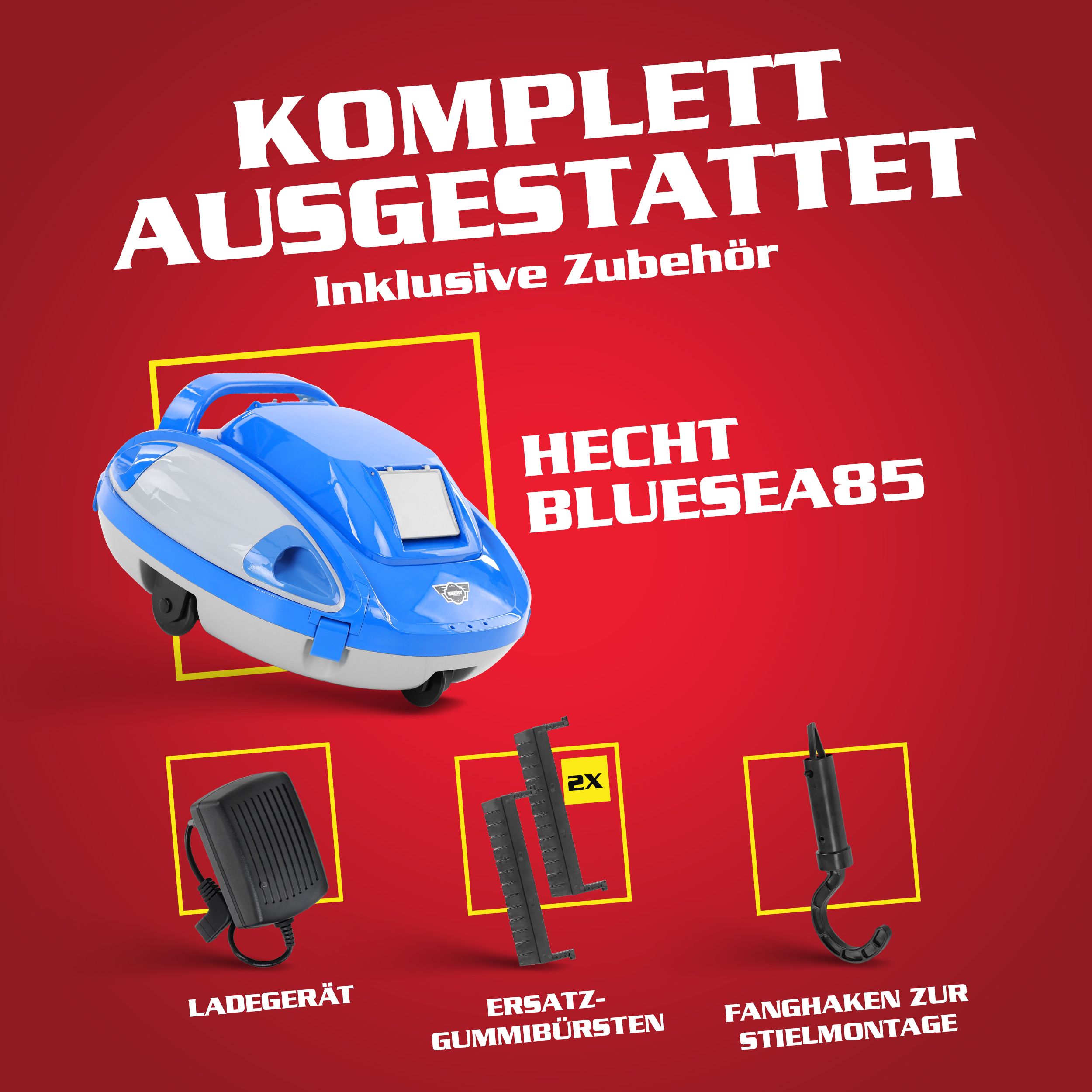 Kabelloser Poolroboter inklusive Ladegerät, Ersatzbürsten und Fanghaken