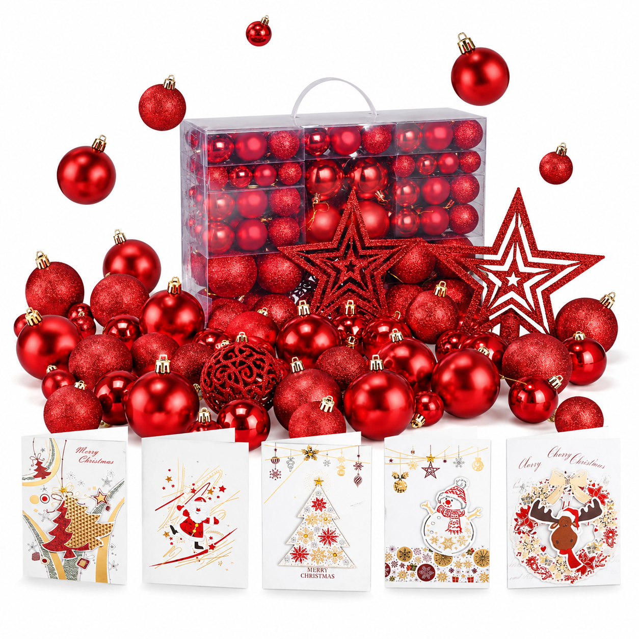 ONBEST Christbaumkugeln: Komplettes Rot-Set freigestellt auf Weiß (Dieses Bild wurde mit Hilfe von KI generiert.)