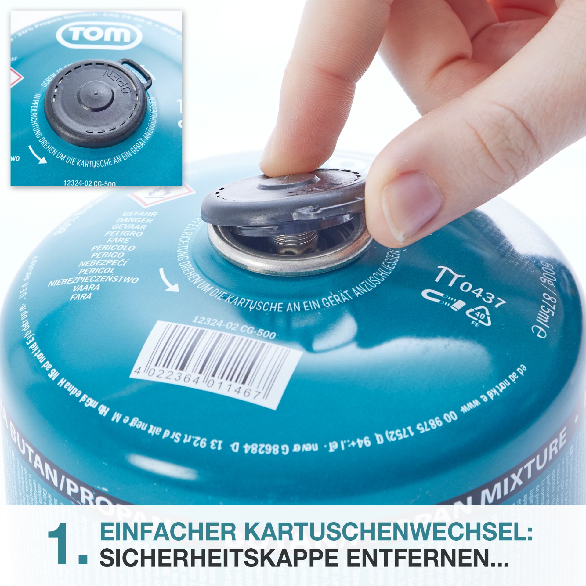 TOM CG-500 Butan Gas; einfacher Kartuschenwechsel