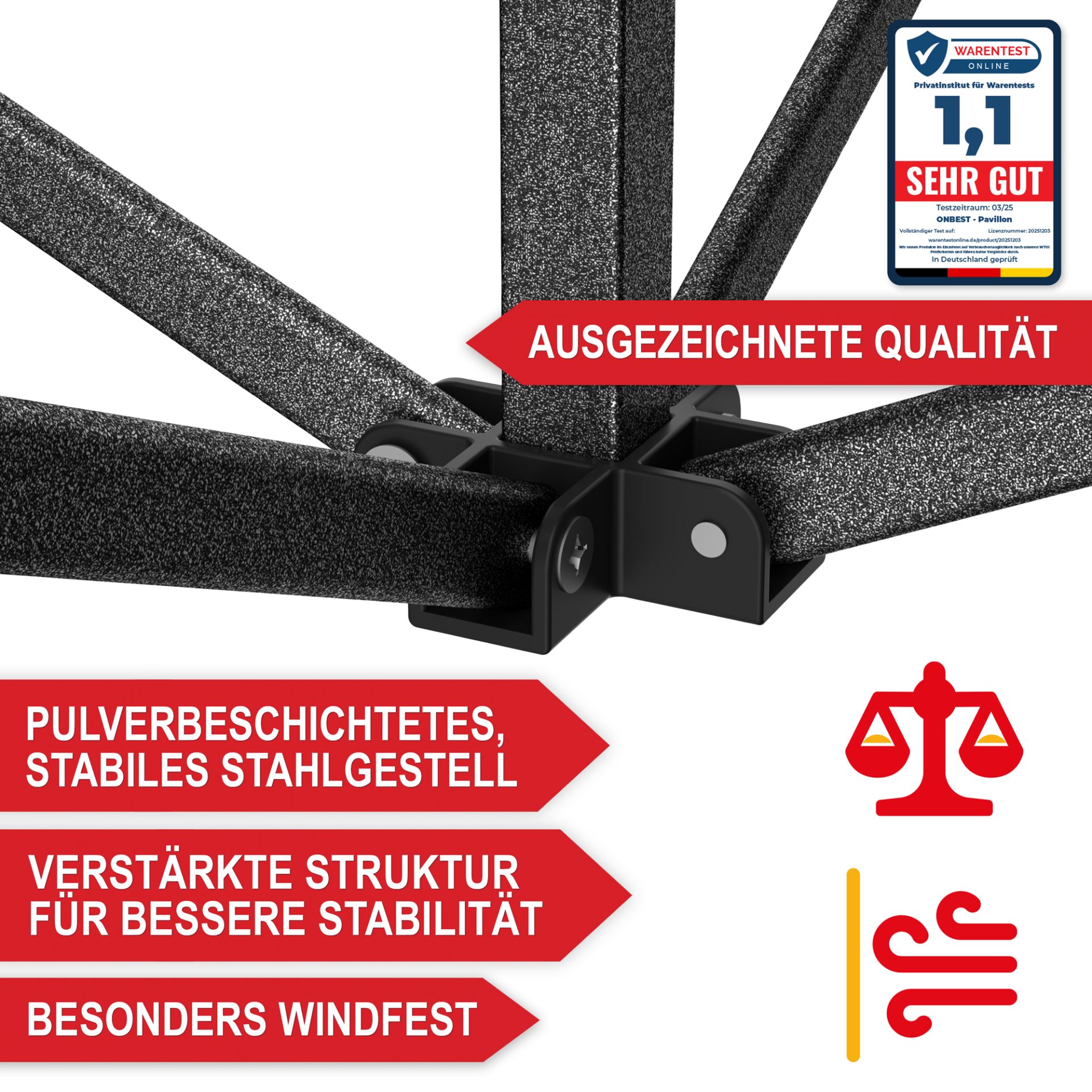 Pavillon weiß - Pulverbeschichtetes stabiles Stahlgestell, verstärkte Struktur für bessere Stabilität, besonders windfest