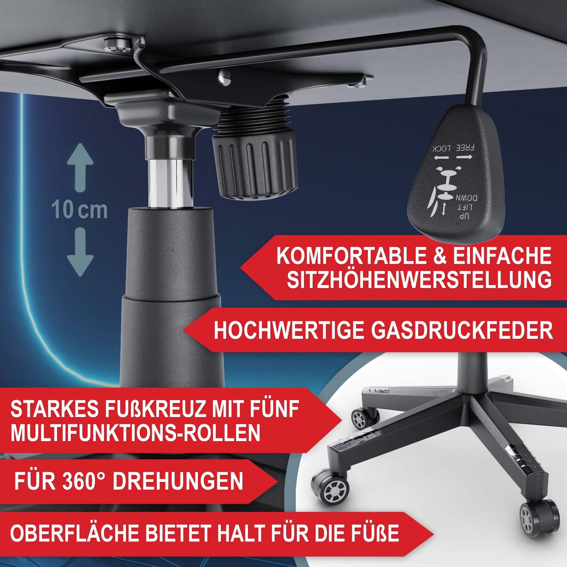 Gaming Stuhl schwarz/ grau - komfortable und einfache Sitzhöhenverstellung, hochwertige Gasdruckfeder, starkes Fußkreuz mit 5 Multifunktionsrollen, für 360 Grad Drehungen, Oberfläche bietet halt für die Füße