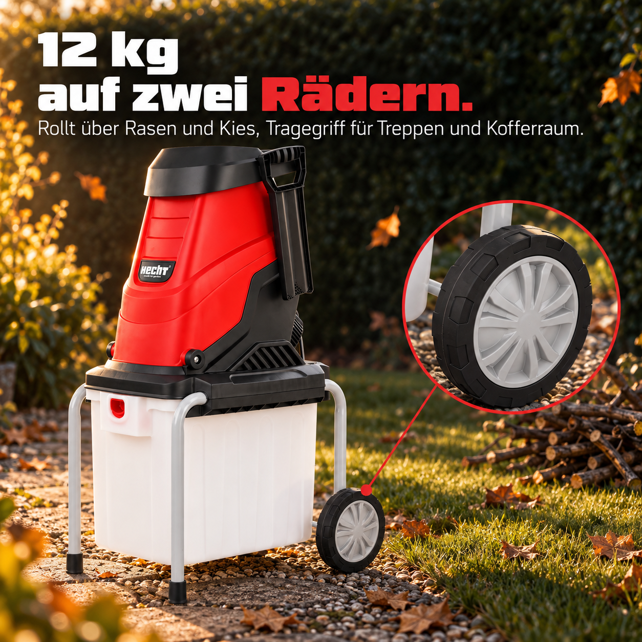Mobiler HECHT Elektro-Gartenhäcksler: 12 kg leicht auf Rädern (Dieses Bild wurde mit Hilfe von KI generiert.)