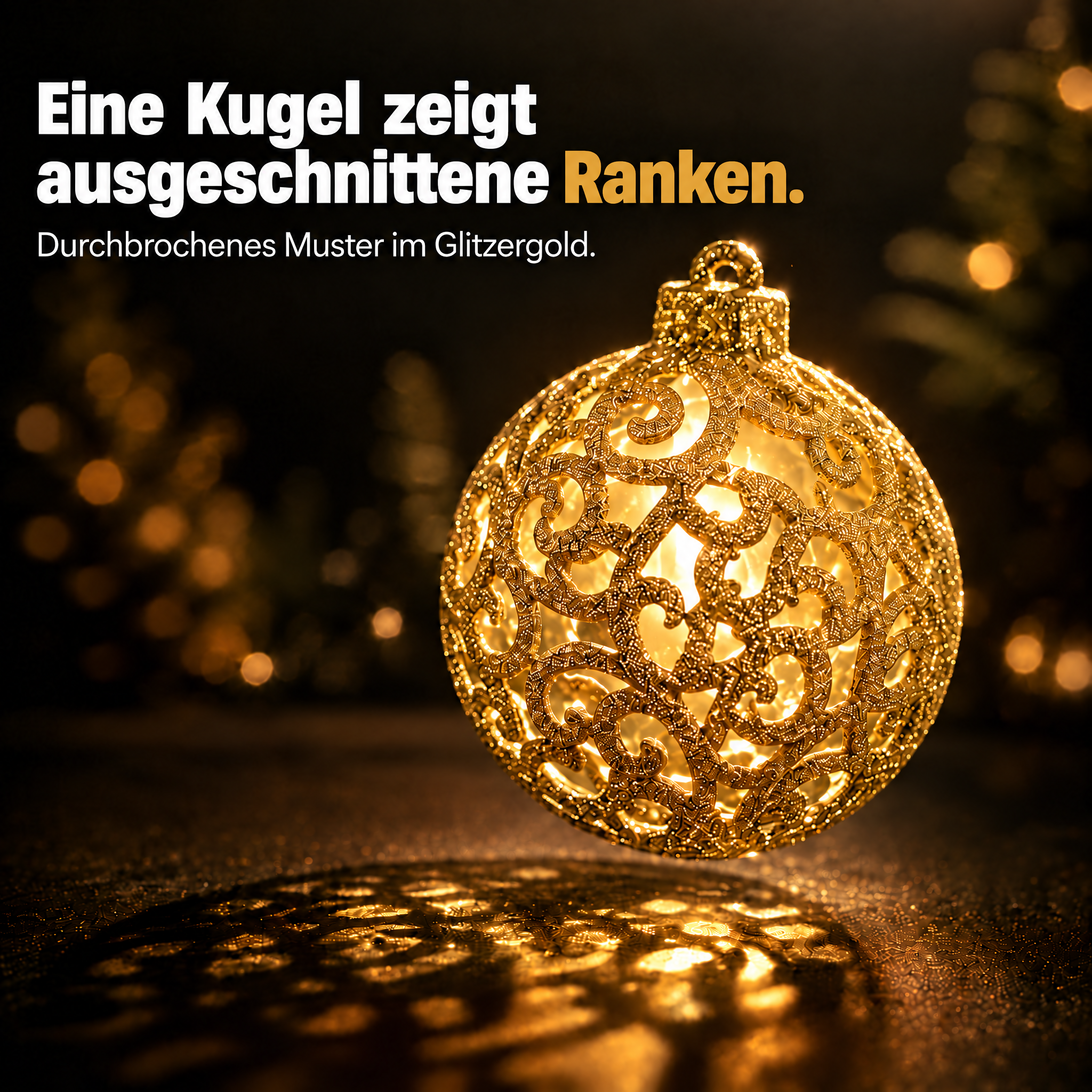 Ornamentkugel Gold ONBEST: Durchbrochenes Muster mit Glitzer-Ranken. (Dieses Bild wurde mit Hilfe von KI generiert.)