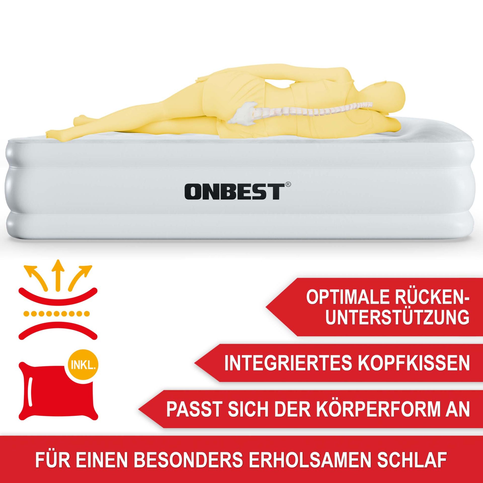 Luftbett Kingsize Weiß - Optimale Rückenunterstützung; integriertes Kopfkissen; passt sich der Körperform an; für einen besonders erholsamen Schlaf
