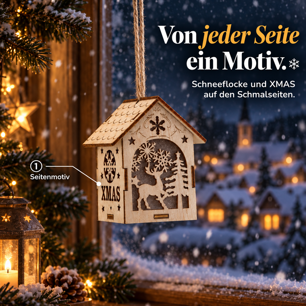 Weihnachtsdeko Haus: Seitliche Gravur mit XMAS Schriftzug und Flocke (Dieses Bild wurde mit Hilfe von KI generiert.)