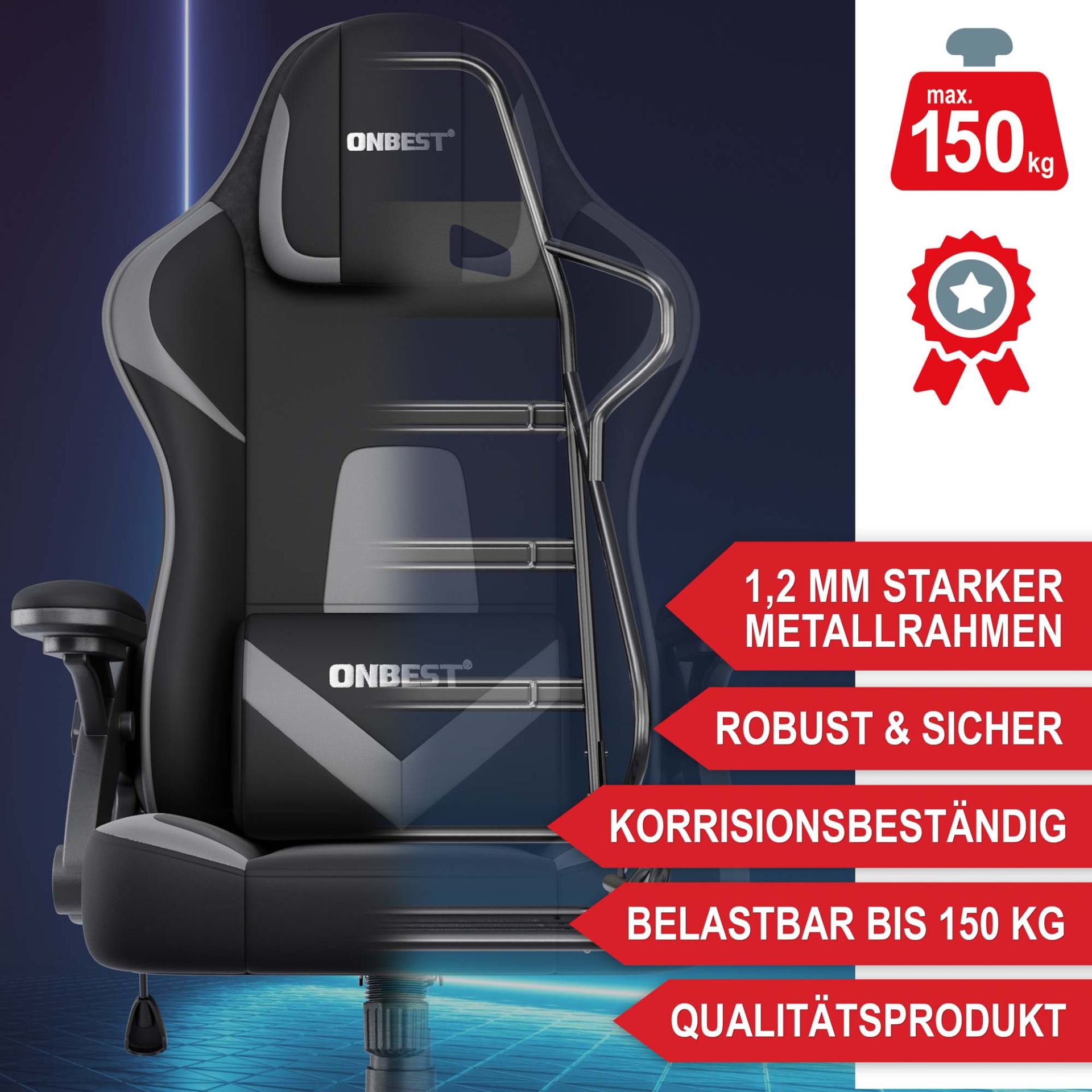 Gaming Stuhl schwarz/ grau - robust und sicher, korrisionsbeständig,  schwer belastbar, Qualitätsprodukt