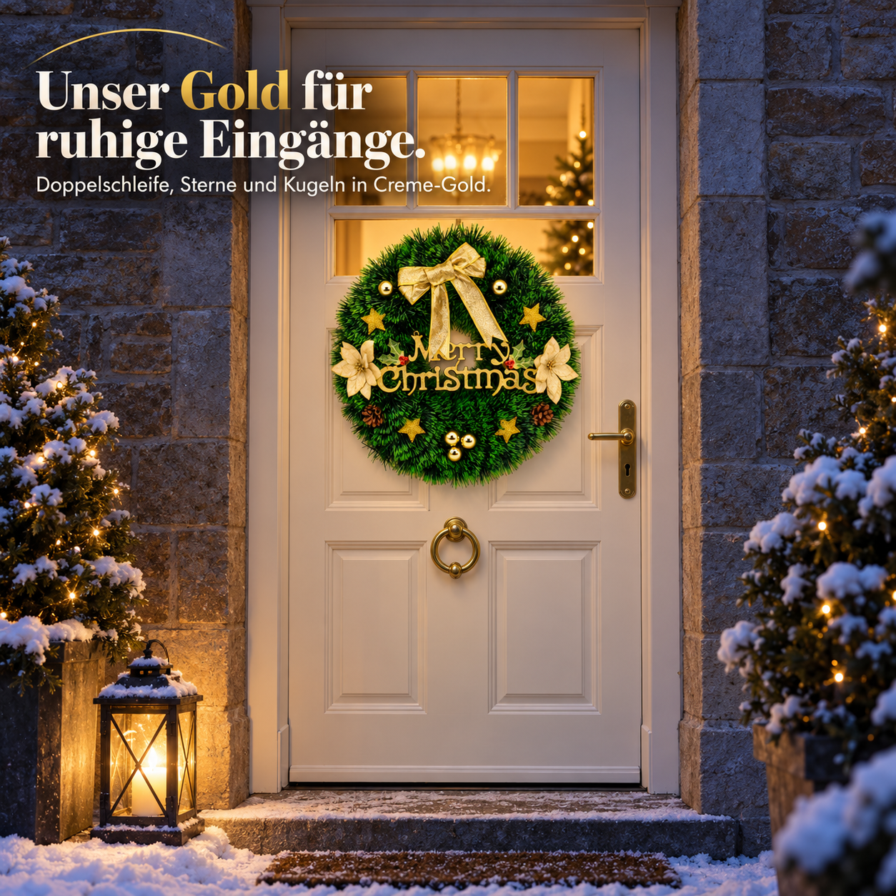 Goldener Adventskranz: Ruhige und festliche Türdeko für den Eingangsbereich (Dieses Bild wurde mit Hilfe von KI generiert.)