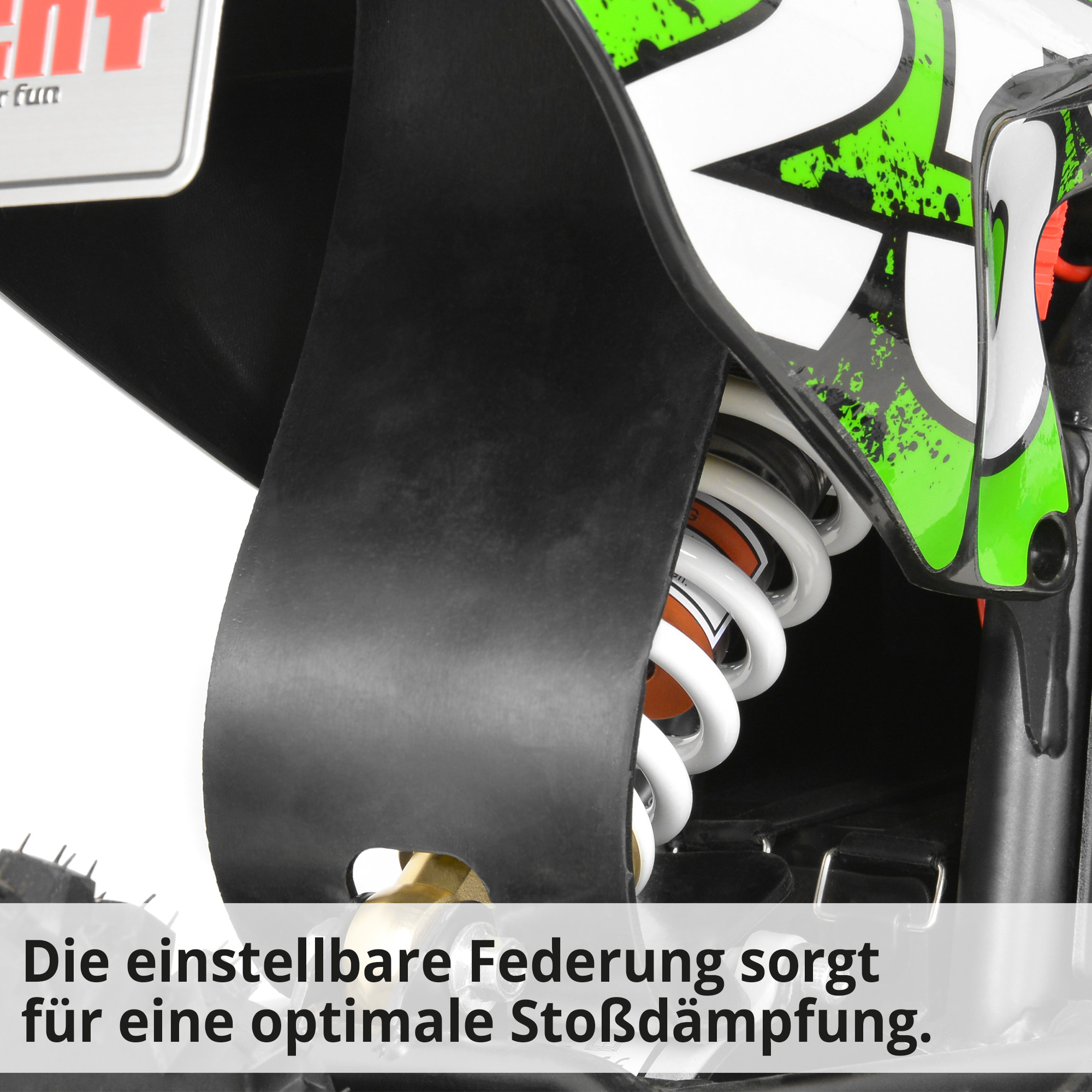 Hecht 59100 Elektro Pocketbike Grün; Die einstellbare Federung sorgt für eine optimale Stoßdämpfung