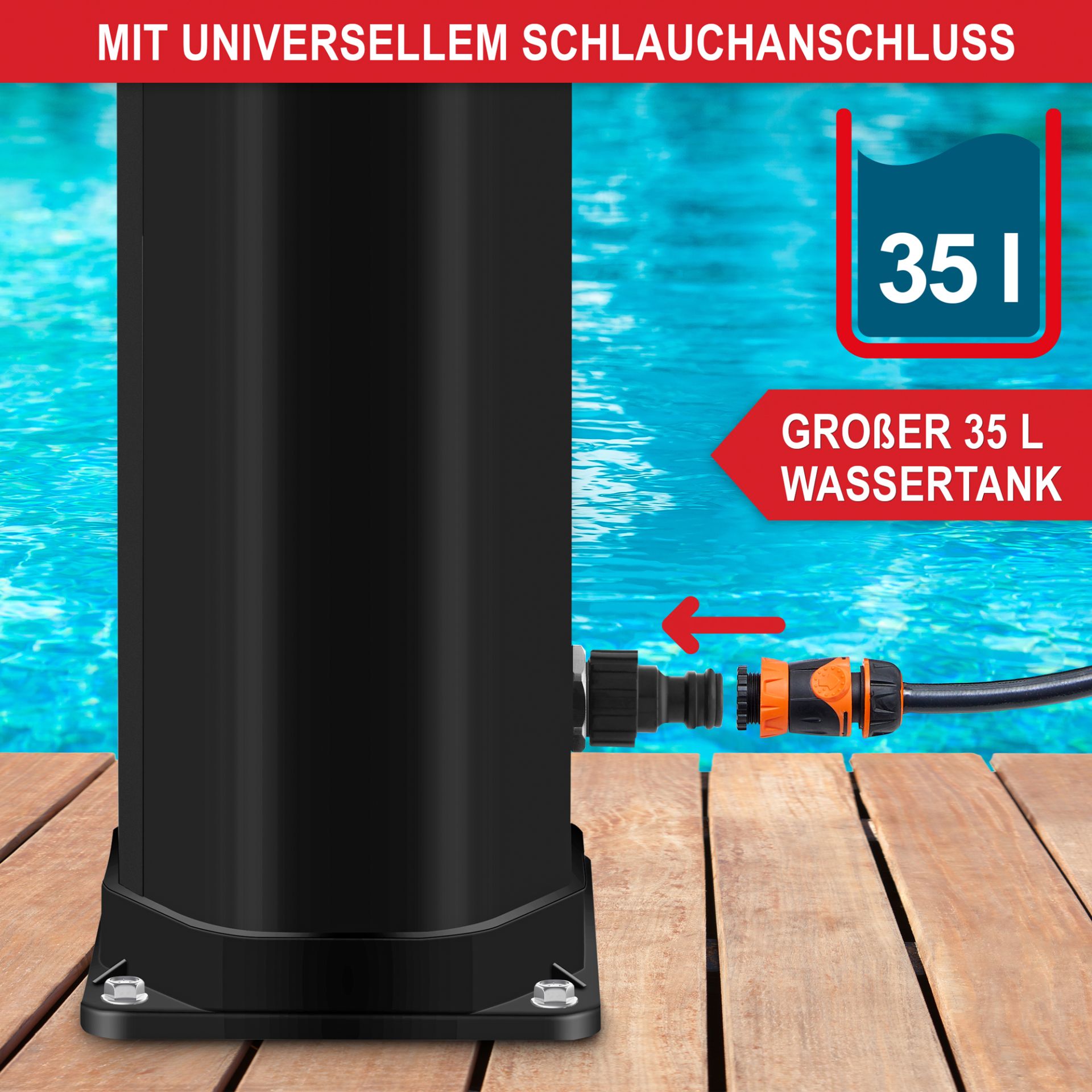 Solardusche schwarz - universeller Schraubanschluss, großer Wassertank