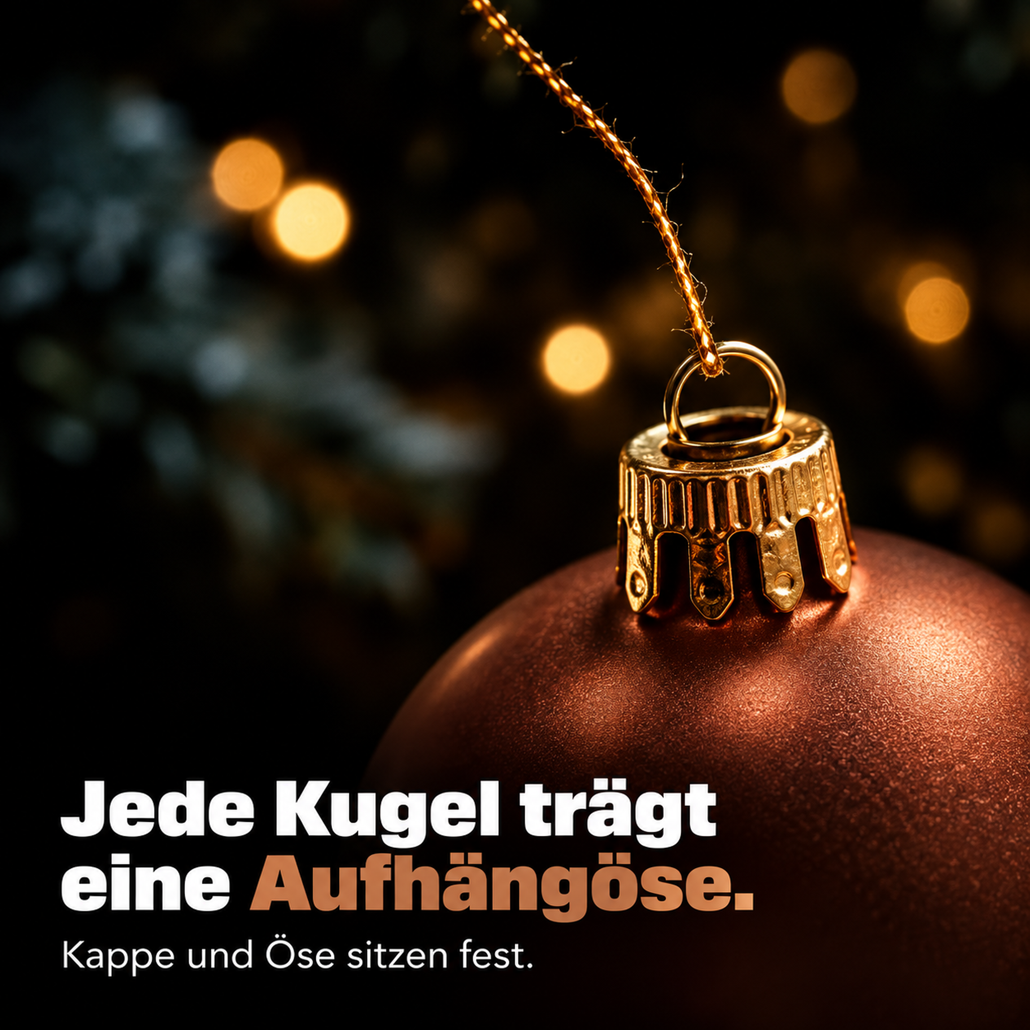 Christbaumschmuck Details: Jede braune Kugel hat eine feste Aufhängöse. (Dieses Bild wurde mit Hilfe von KI generiert.)