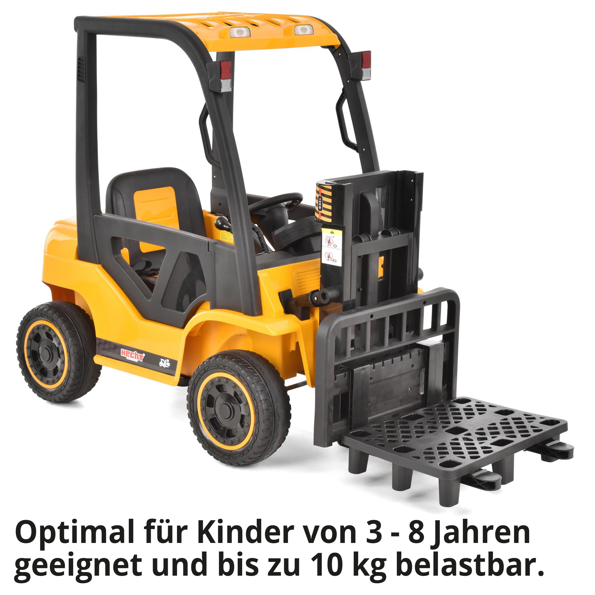 Hecht 52108YELLOW Kinder Elektro Gabelstapler Gelb; Optimal für Kinder von 3 bis 8 Jahren geeignet und bis zu 10 Kilogramm belastbar