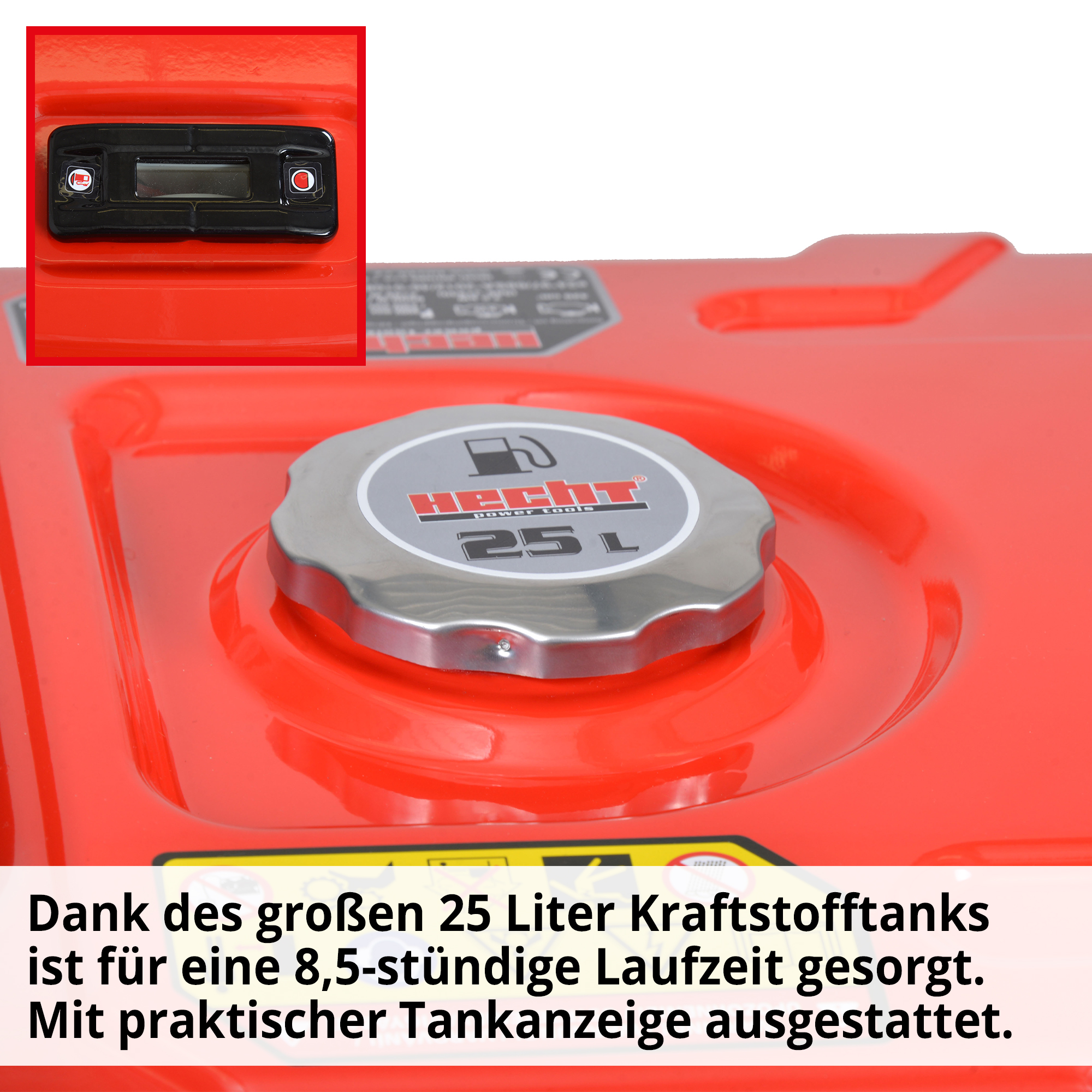 Notstromaggregat Benzin; Dank des großen Kraftstofftank ist für eine lange Laufzeit gesorgt. Mir praktischer Tankanzeige ausgestattet