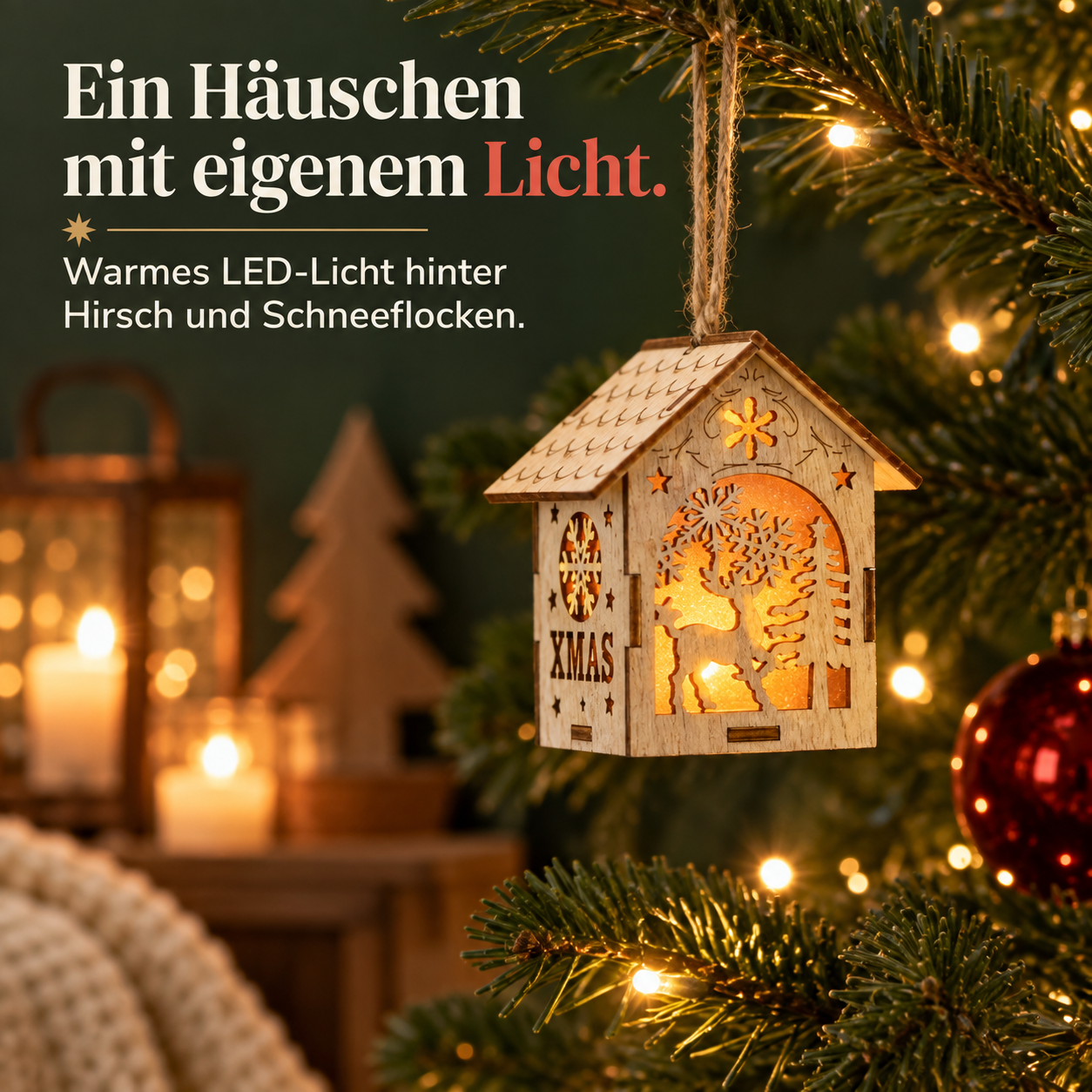 ONBEST LED-Holzhäuschen: Anhänger mit warmem Licht hinter dem Motiv (Dieses Bild wurde mit Hilfe von KI generiert.)