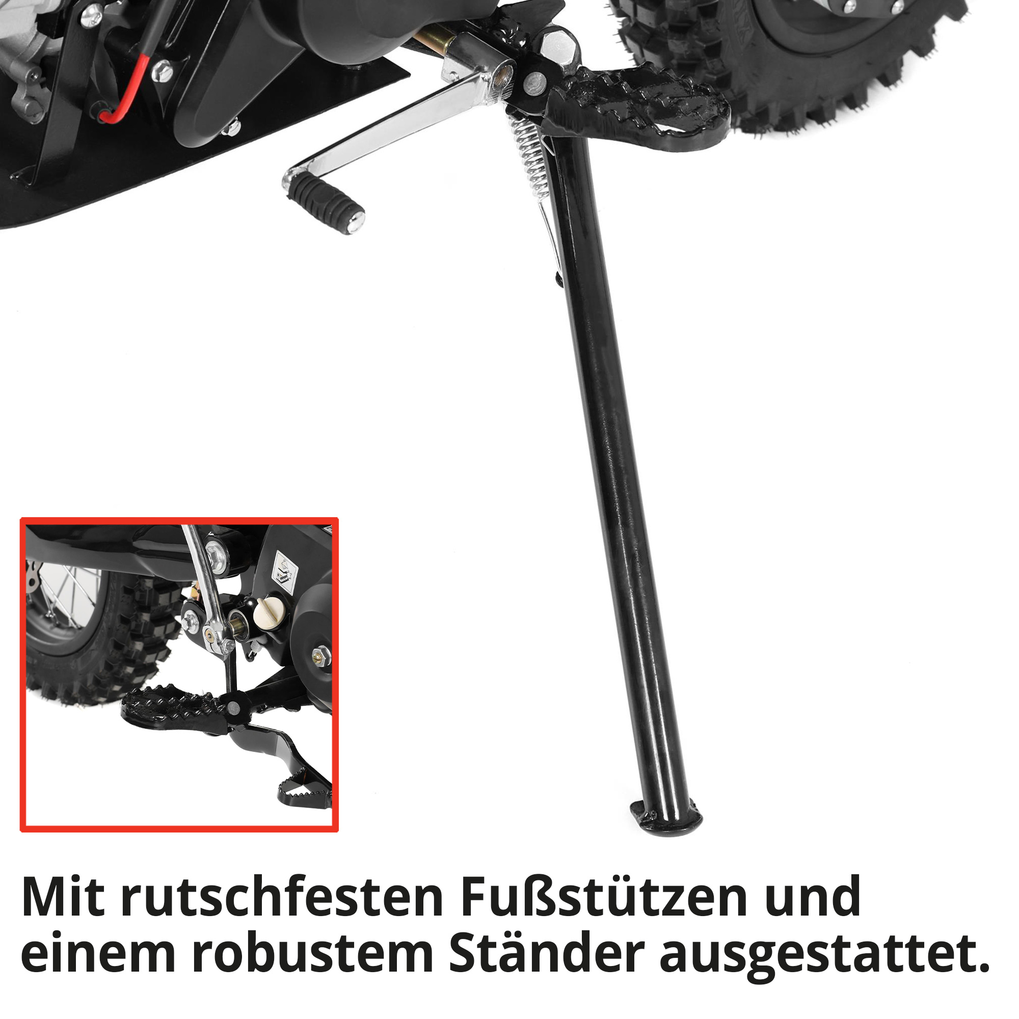 Hecht Motorcrossbike grün mit rutschfesten Fußstützen und einem robustem Ständer