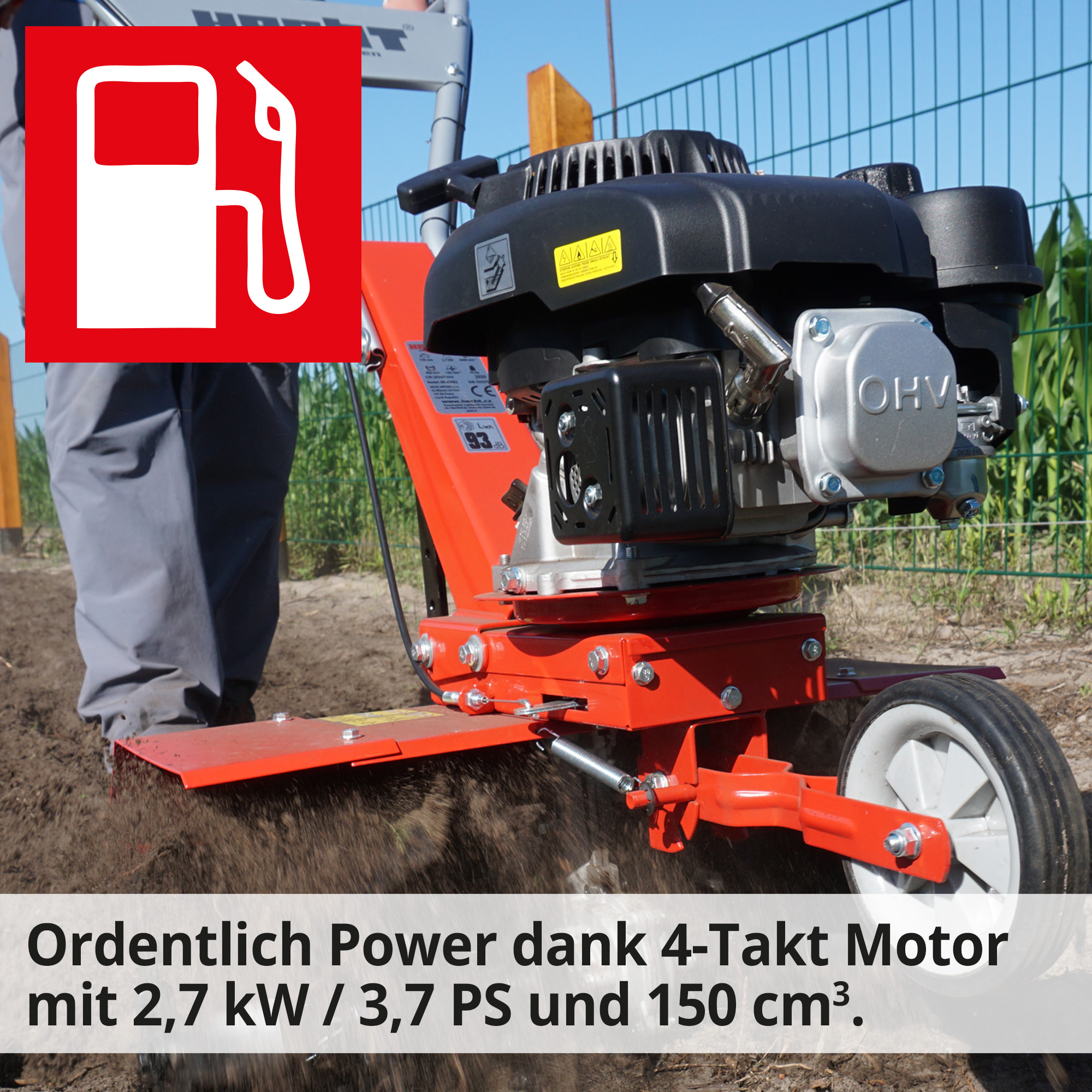 Gartenhacke; Ordentlich Power dank 4-Takt Motor mit 2,7 kW / 3,7 PS und 150 ccm