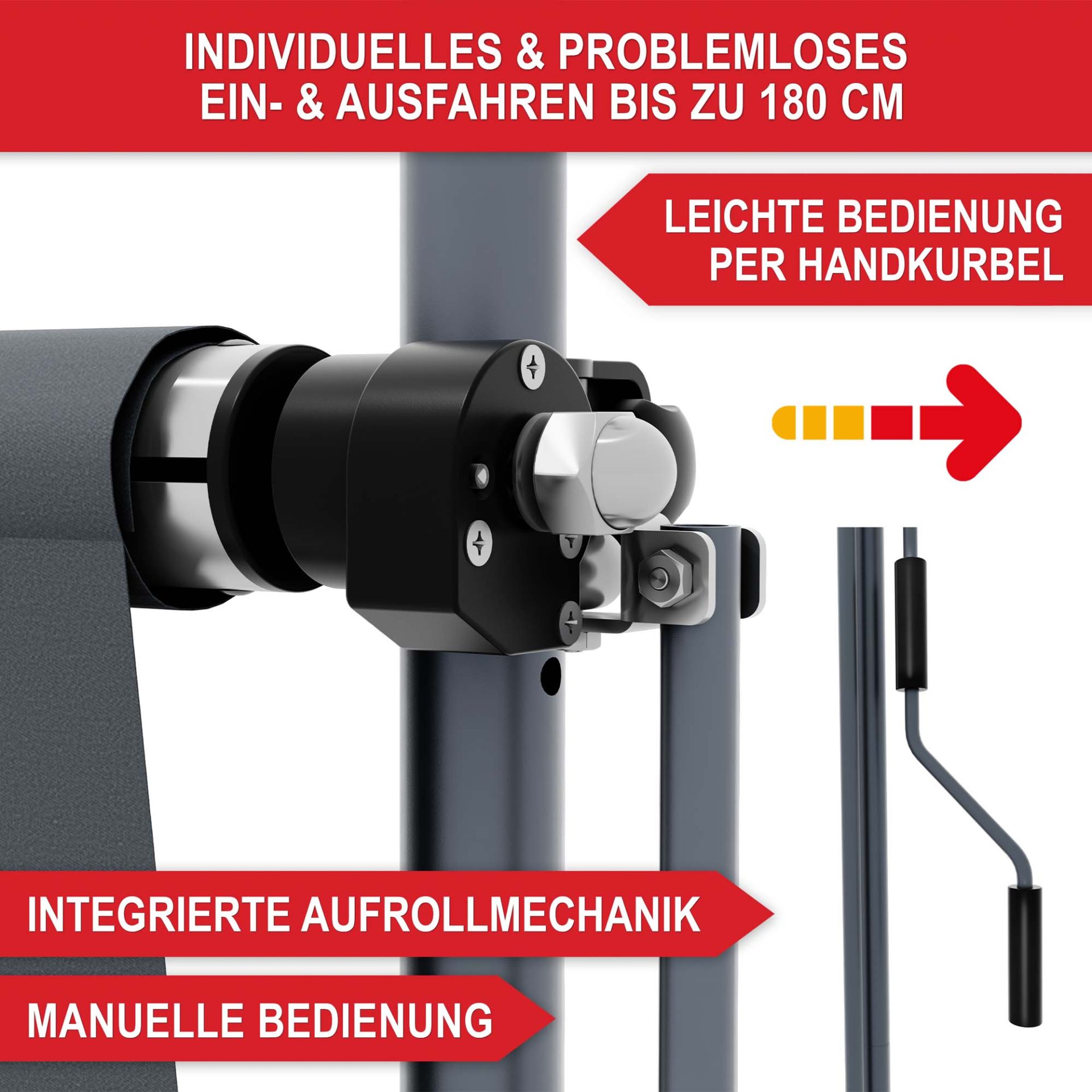 Balkonmarkise M Anthrazit - Individuelles und problemloses ein- und ausfahren bis zu 1,80 Meter, leichte Bedienung per Handkurbel, integrierte Ausrollmechanik, manuelle Bedienung