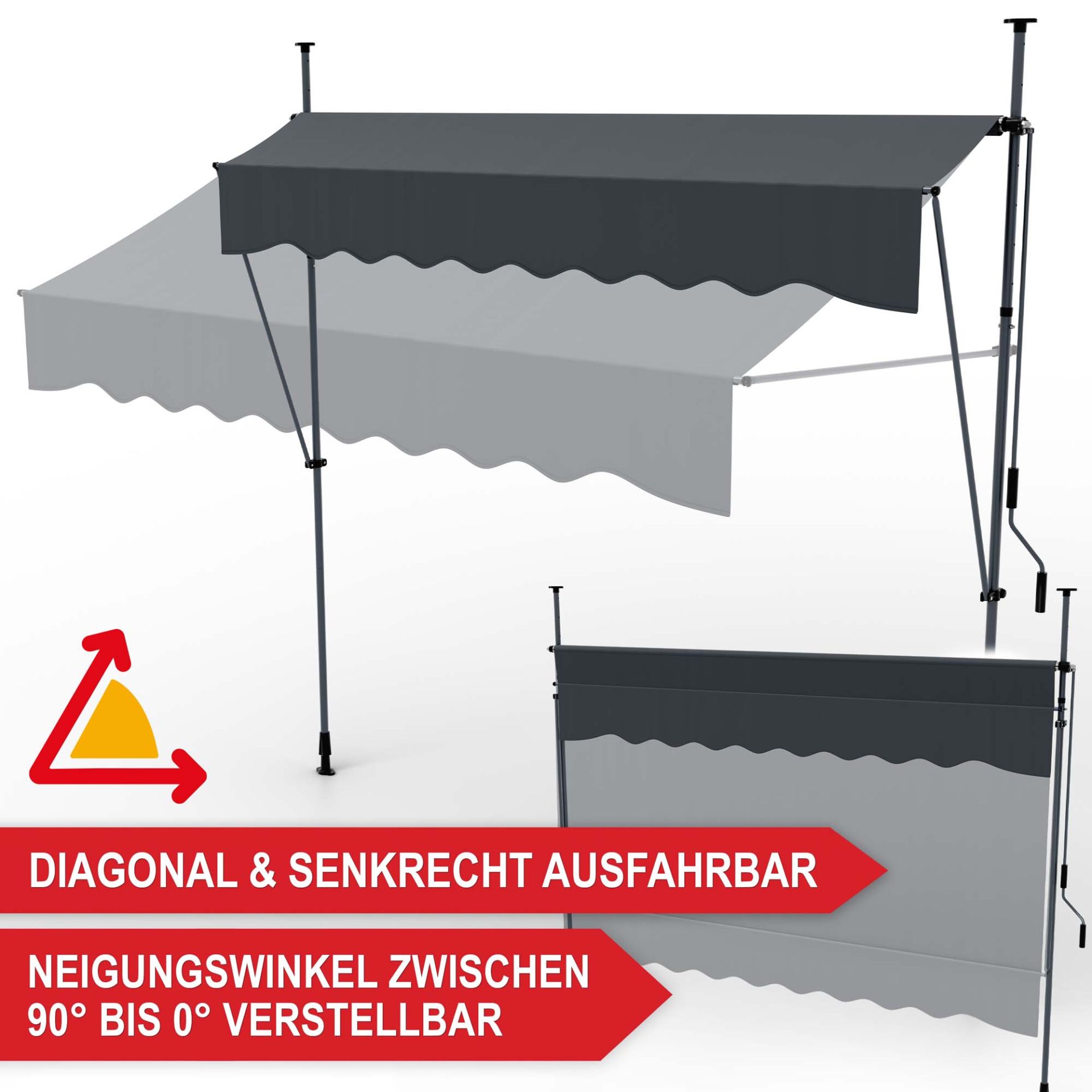Balkonmarkise M Anthrazit - Diagonal und senkrecht ausfahrbar, Neigungswinkel zwischen 90 Grad bis 0 Grad