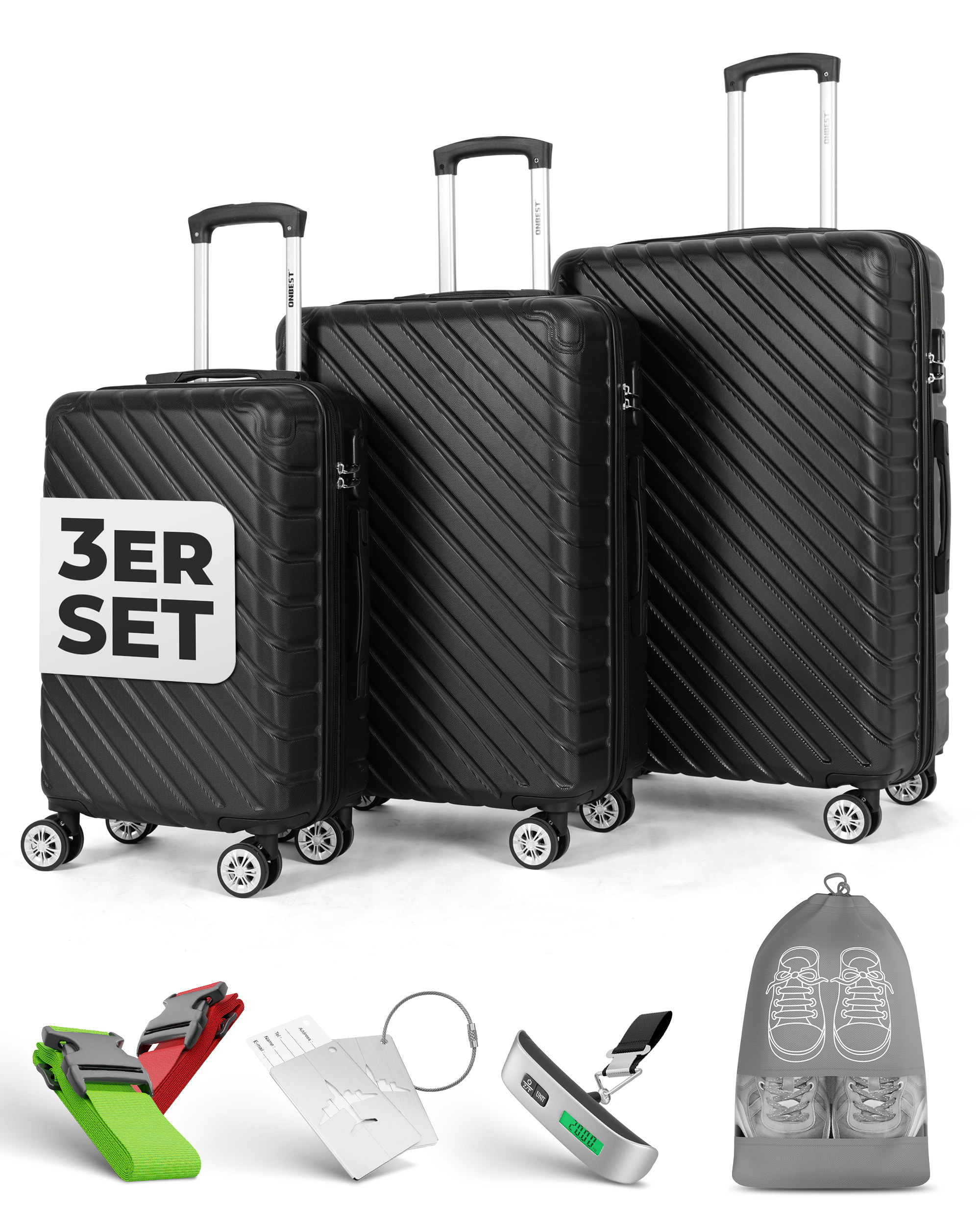 Kofferset ONBEST Premium Schwarz mit drei Größen für stilvolle Reisen