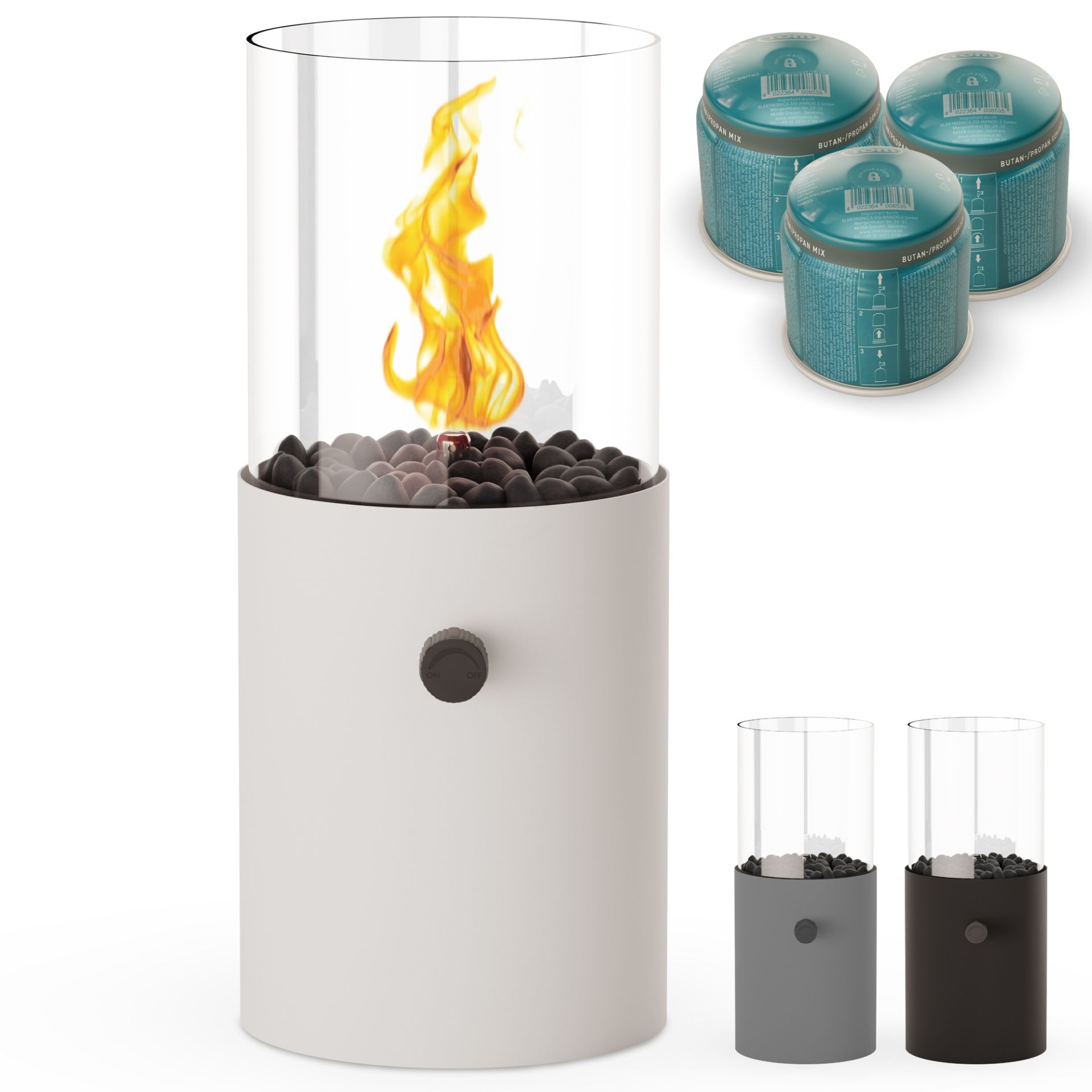 Tischkamin mit Flamme in Weiß inklusive Gaskartuschen und Farbvarianten Grau und Schwarz Tischkamin mit Flamme in Weiß inklusive Gaskartuschen und Farbvarianten Grau und Schwarz