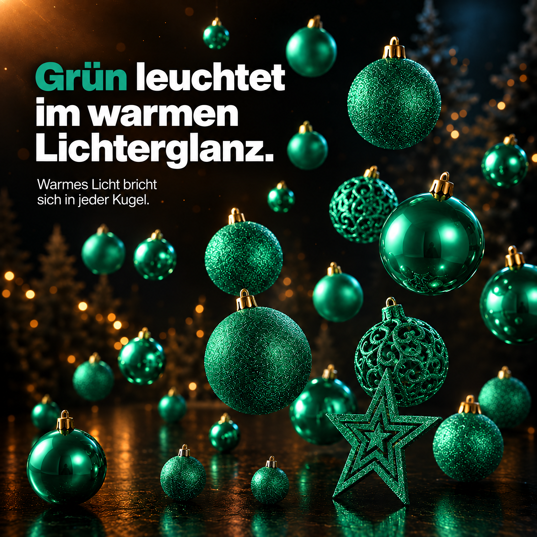 Grüne Baumkugeln: Warmes Licht bricht sich festlich im Tannengrün. (Dieses Bild wurde mit Hilfe von KI generiert.)