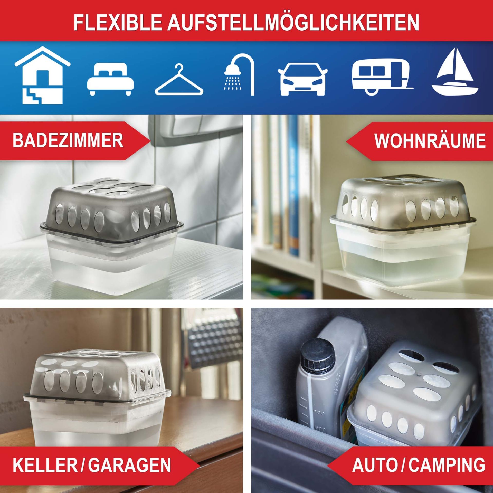 Luftentfeuchter - Flexible Aufstellmöglichkeiten, Badezimmer, Wohnräume, Keller Garagen, Auto Camping
