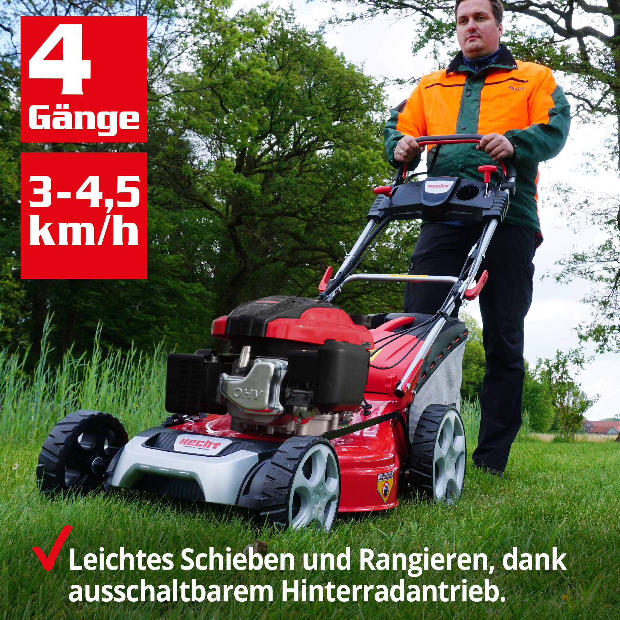 Benzin-Rasenmäher 4 Gänge bis 4,5 km/h HECHT Mäher