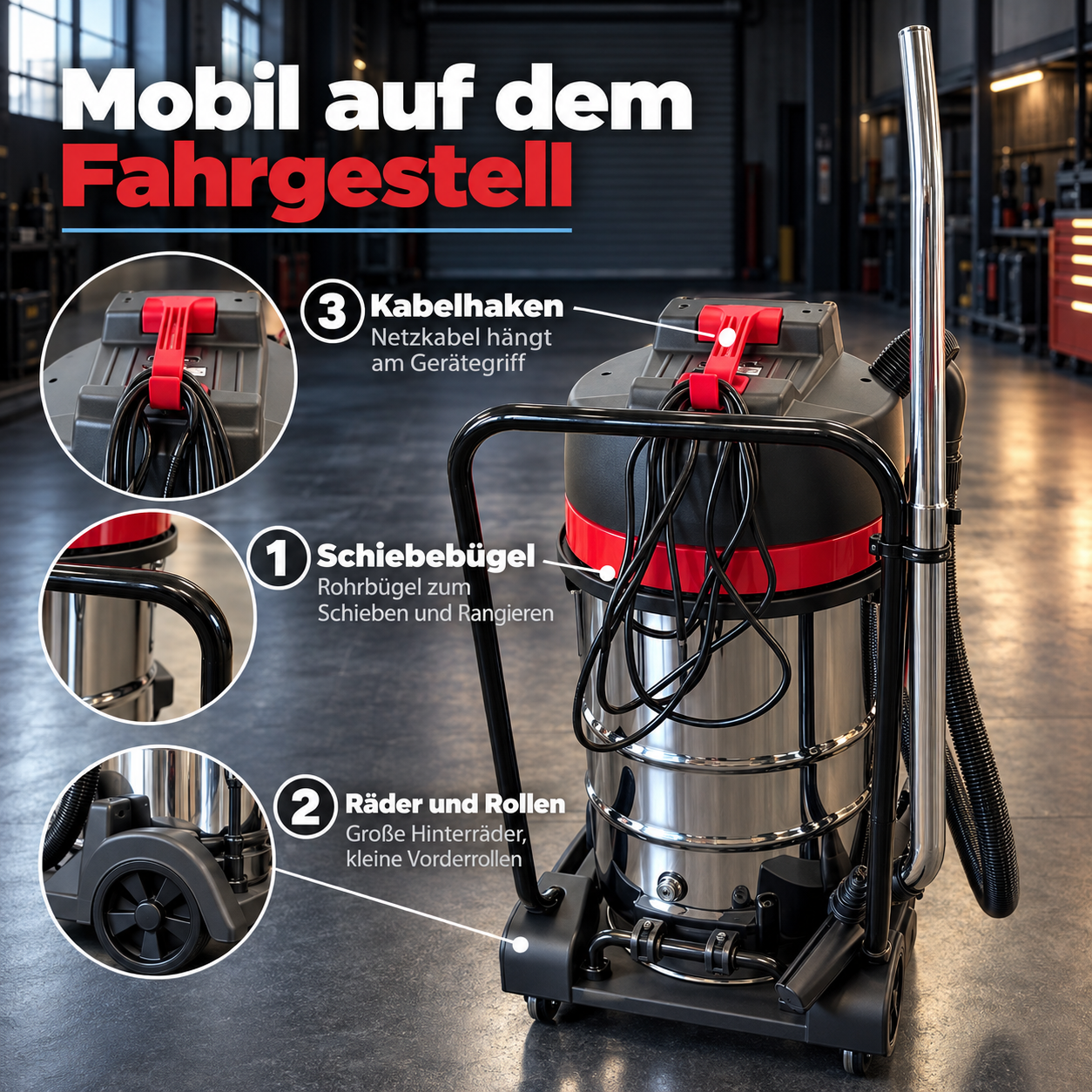 Fahrgestell des Industriesaugers: Praktischer Schiebebügel und Rollen (Dieses Bild wurde mit Hilfe von KI generiert.)