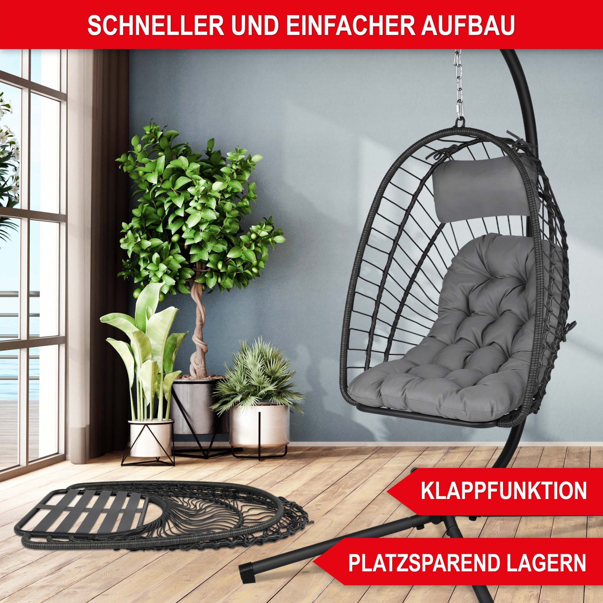 Hängesessel grau - schneller und einfacher Aufbau, Klappfunktion, platzsparend lagern