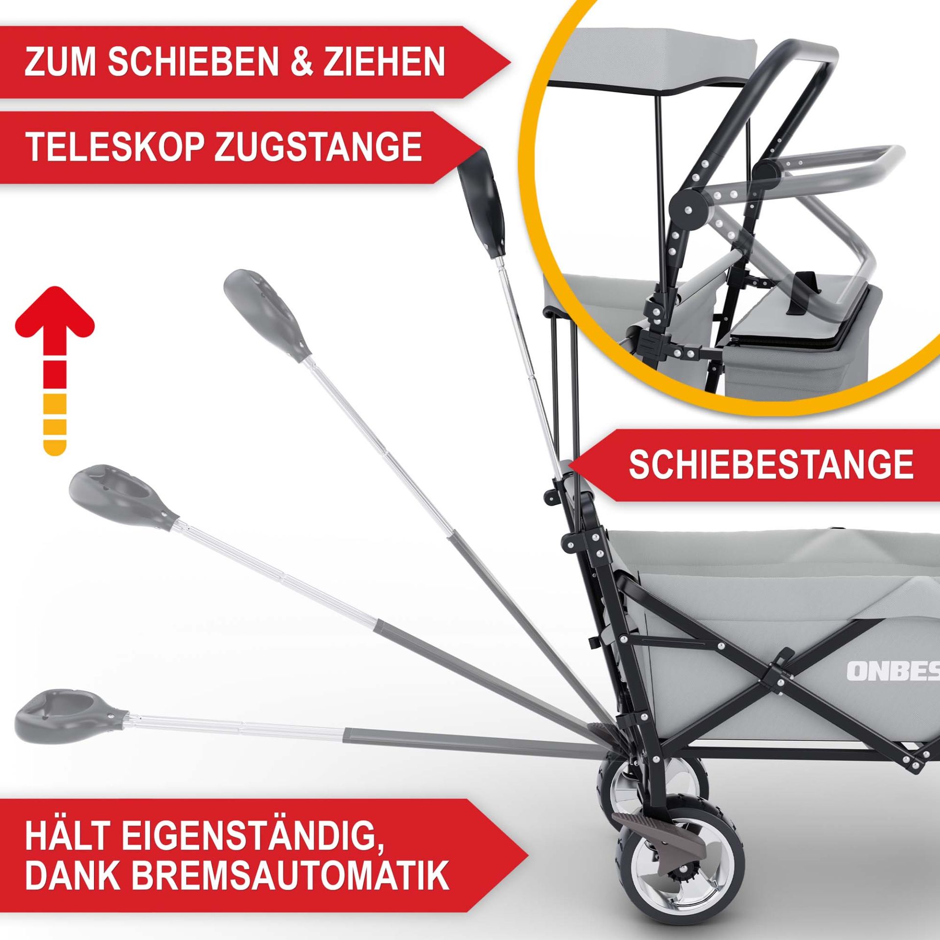 Bollerwagen mit Dach grau - Zum schieben und ziehen; Teleskop Zugstange, hält eigenständig dank Bremsautomatik