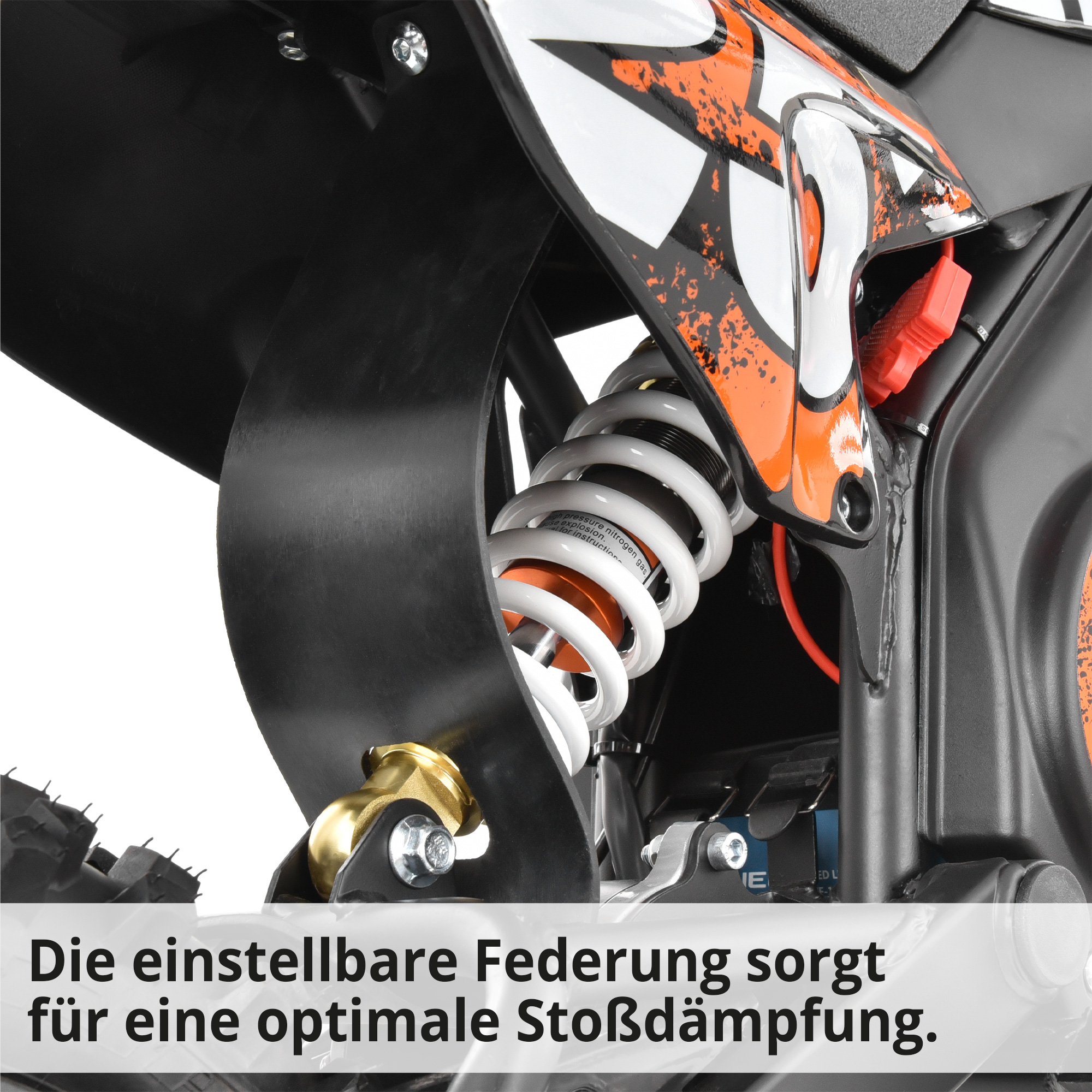 Hecht 59100 Elektro Pocketbike Orange; Die einstellbare Federung sorgt für eine optimale Stoßdämpfung