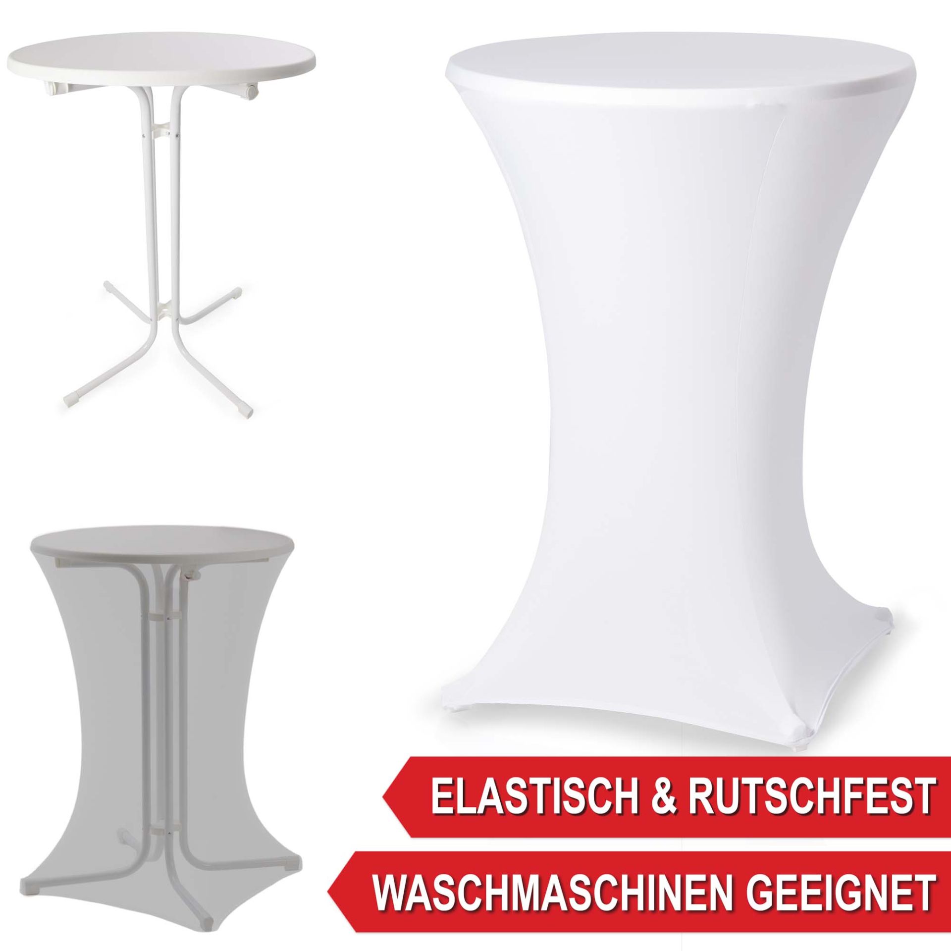 Elastisch, rutschfest, Waschmaschinen geeignet - Stehtisch mit Tischhusse weiß