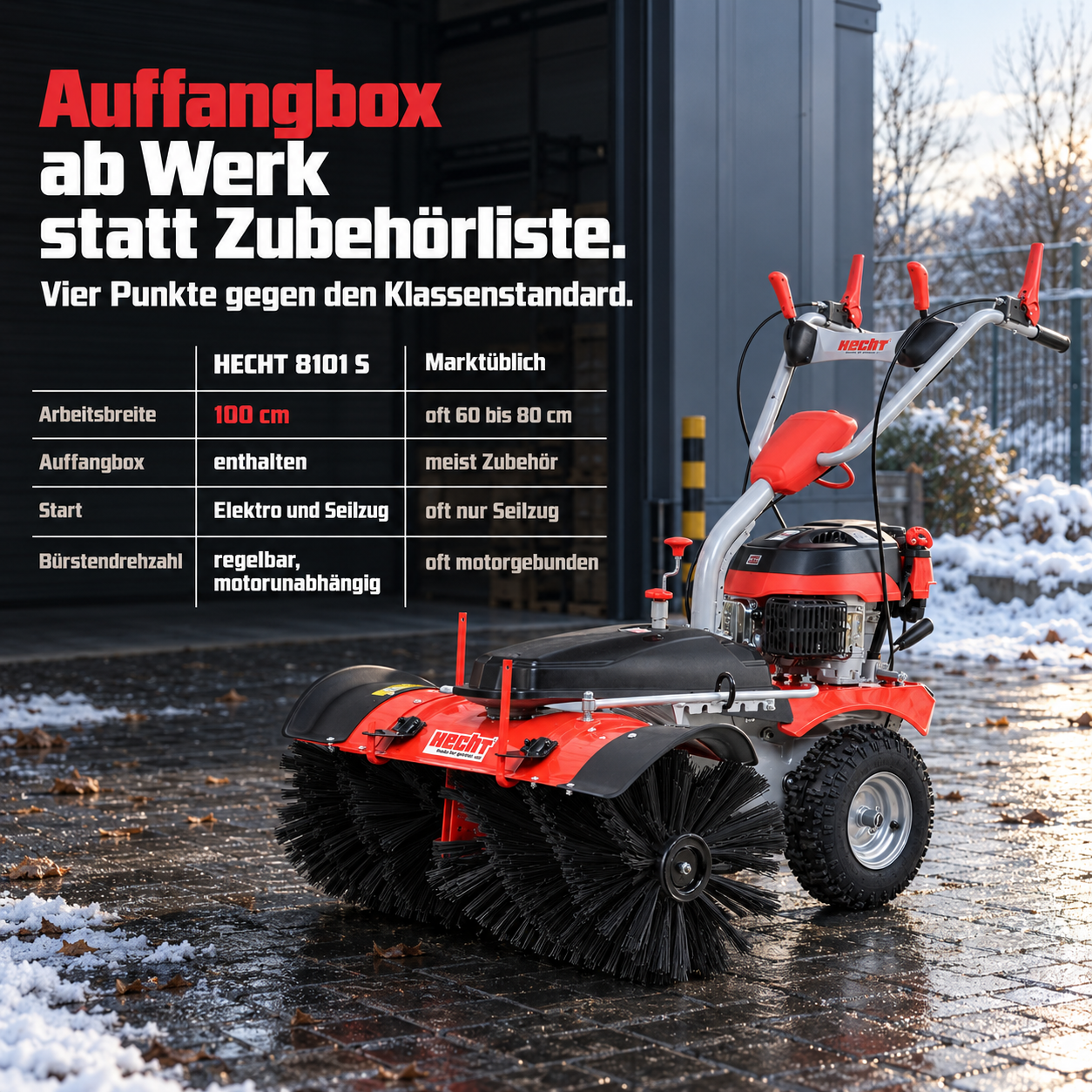 HECHT Benzin-Kehrmaschine: 100 cm Kehrbreite mit zuschaltbarem Antrieb und Auffangbox (Dieses Bild wurde mit Hilfe von KI generiert.)