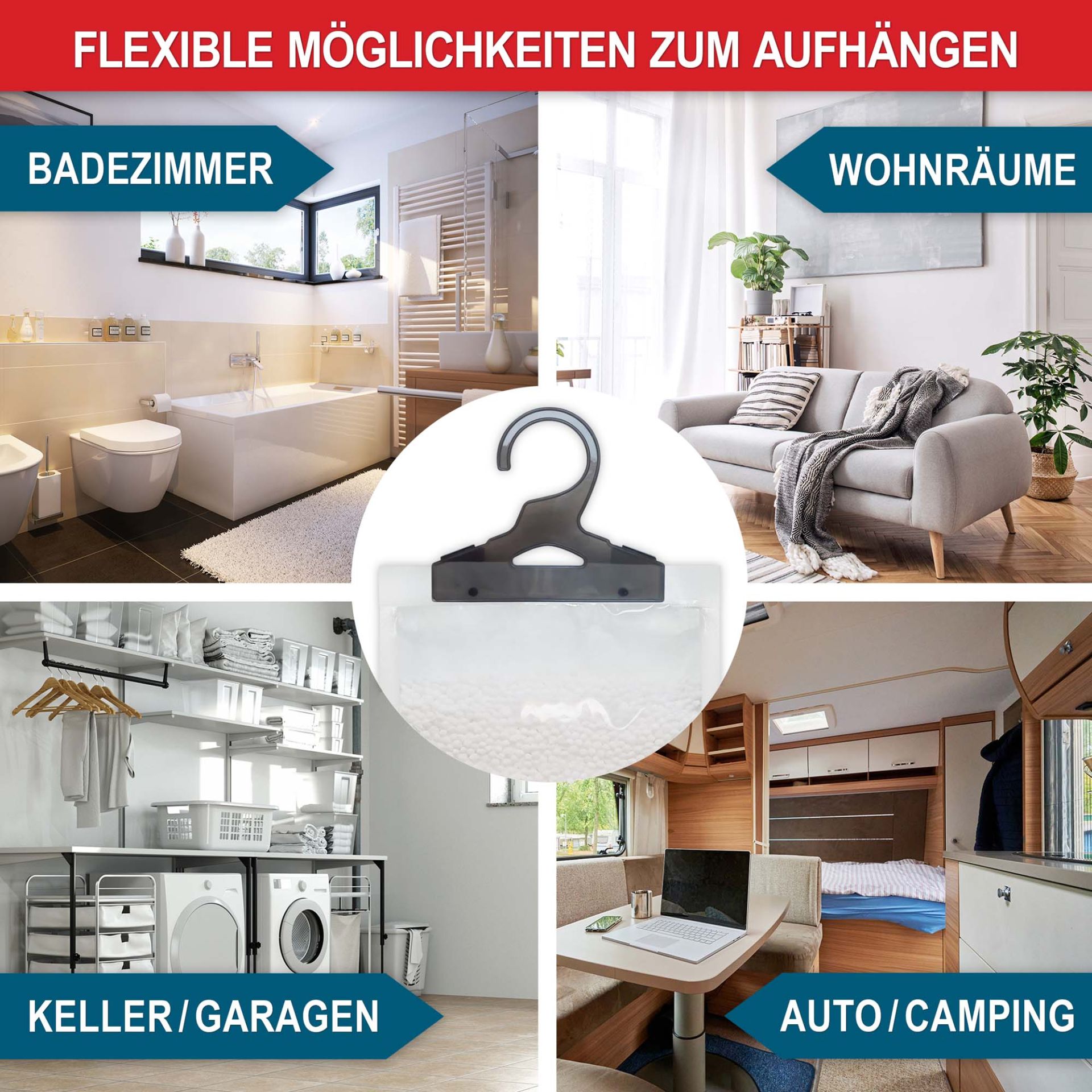 Luftentfeuchter zum Aufhängen - Flexible Anwendungsmöglichkeiten, zum Beispiel Badezimmer, Wohnräume, Keller Garagen, Auto/ Camping