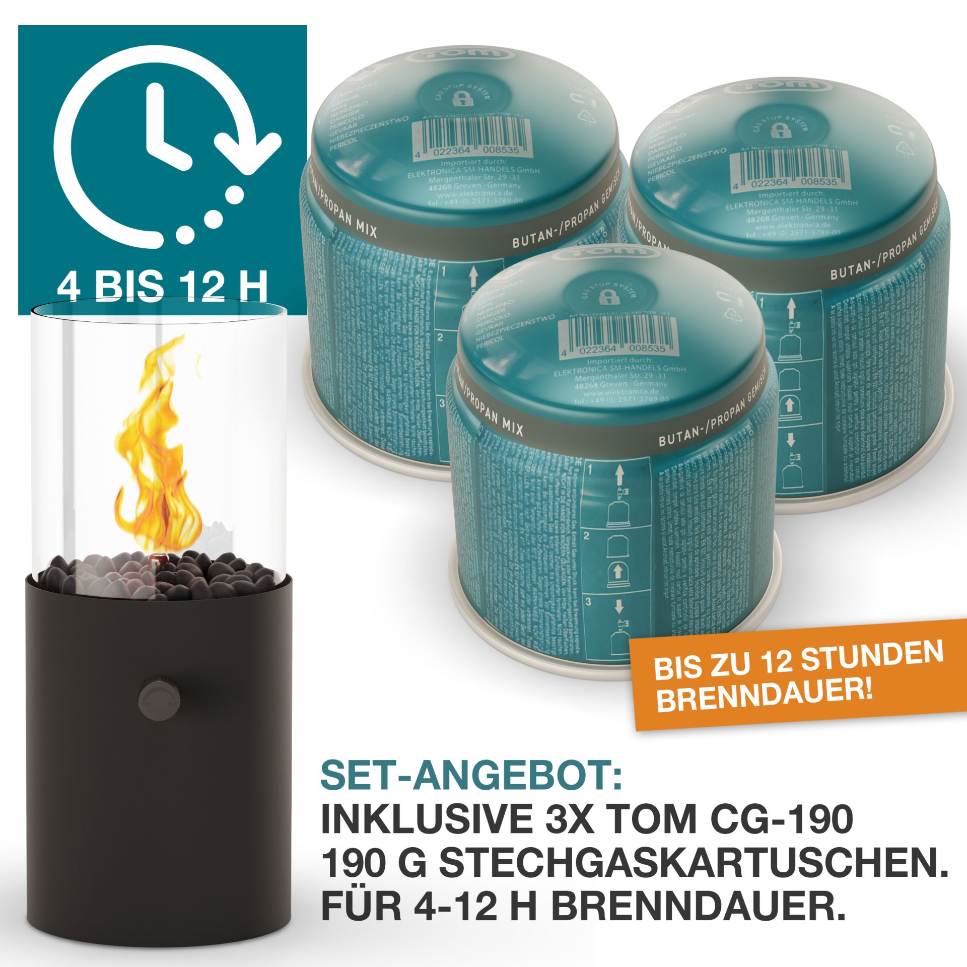 Set mit 3 Stechgaskartuschen für 4–12 Stunden Brenndauer