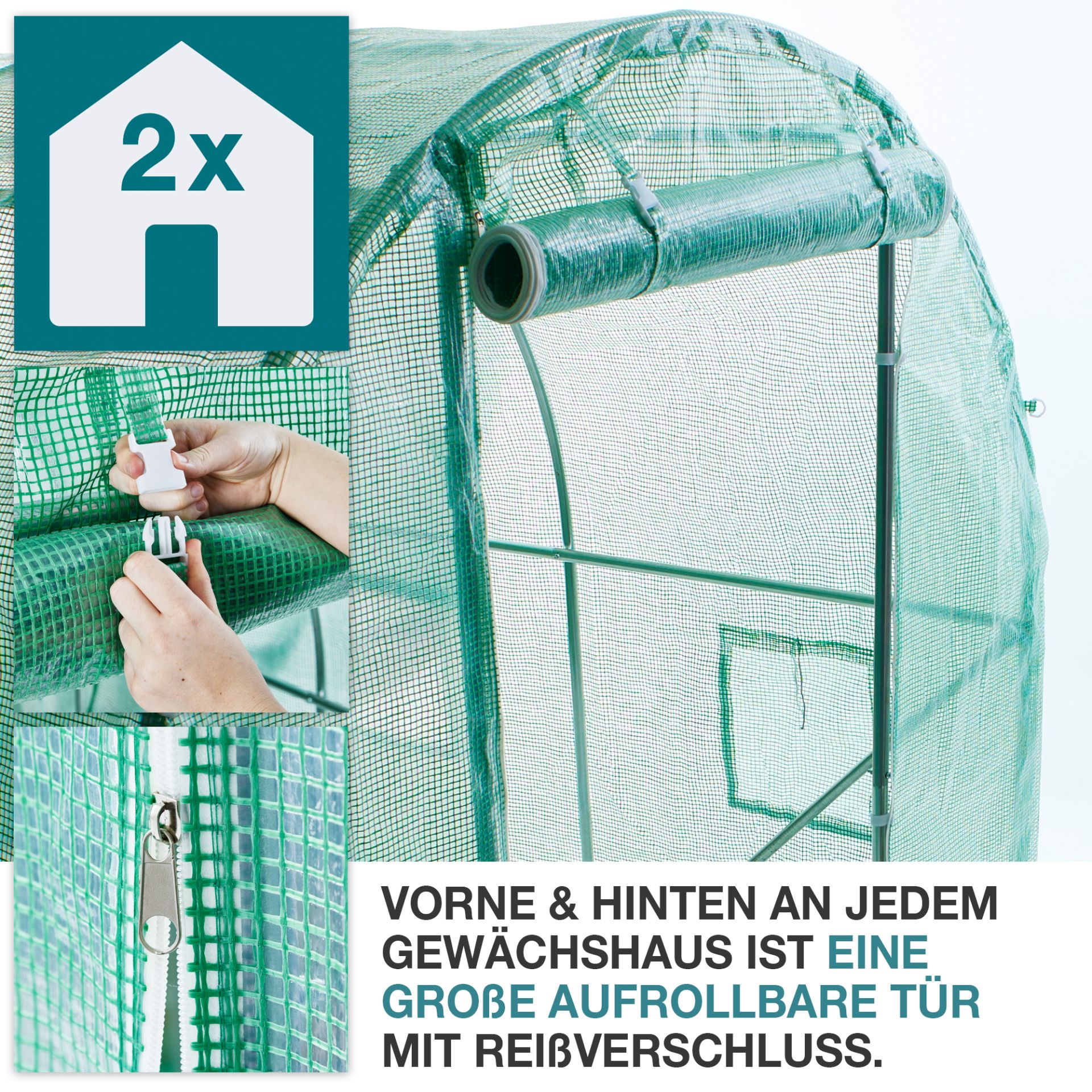 TOM Gewächshaus GH-1800; große, aufrollbare Türen vorne und hinten mit Reißverschluss