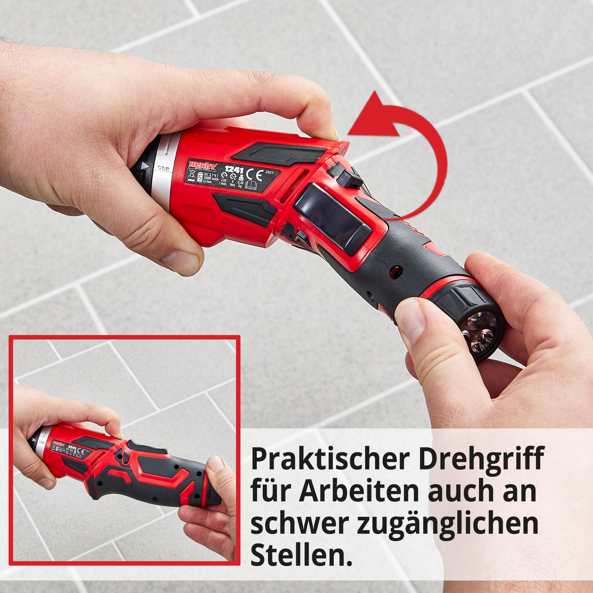 HECHT 1241 Mini-Akkuschrauber mit praktischem Drehgriff für Arbeiten auch an schwer zugänglichen Stellen