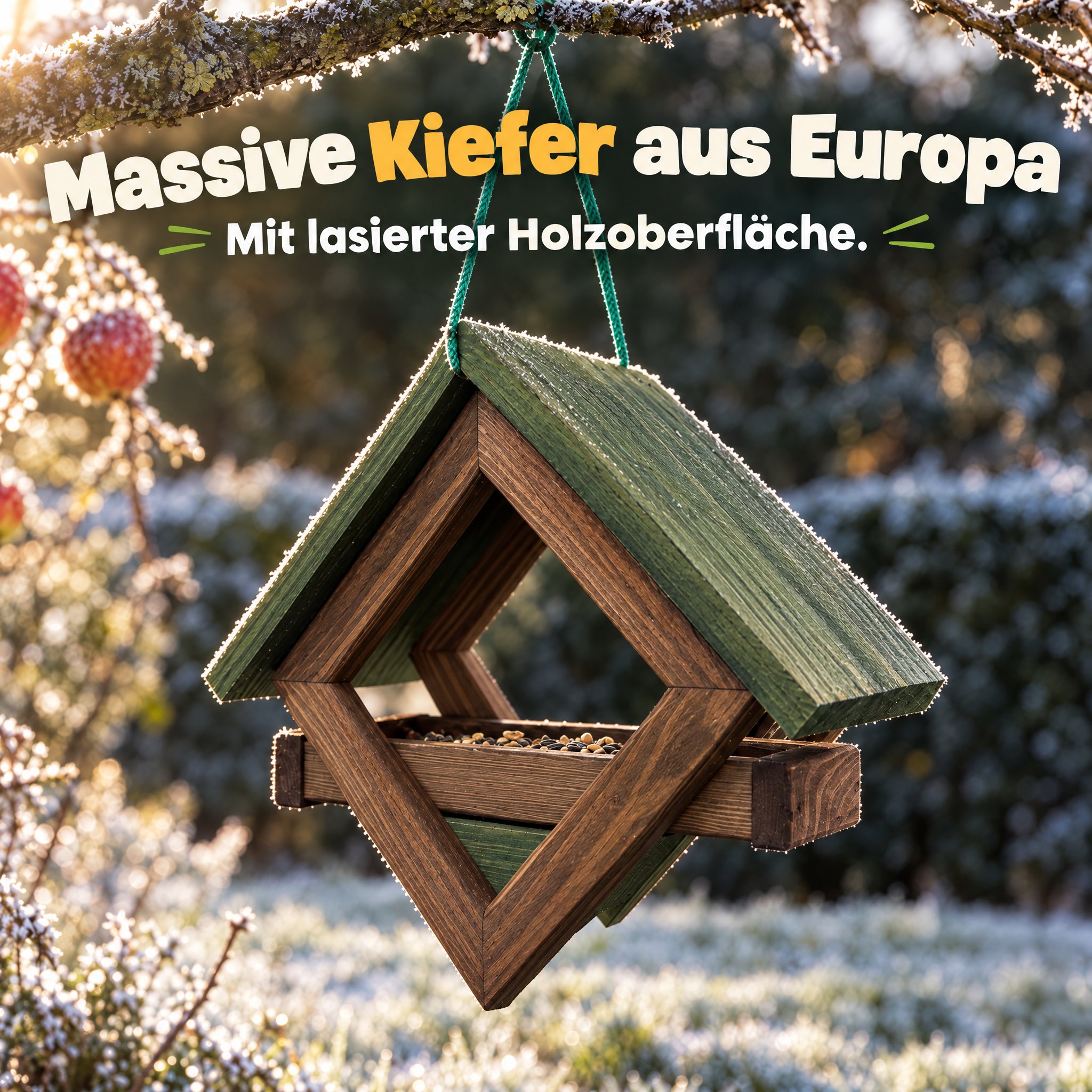 Vogelhaus Material Braun-Grün: Massive lasierte Kiefer aus Europa (Dieses Bild wurde mit Hilfe von KI generiert.)