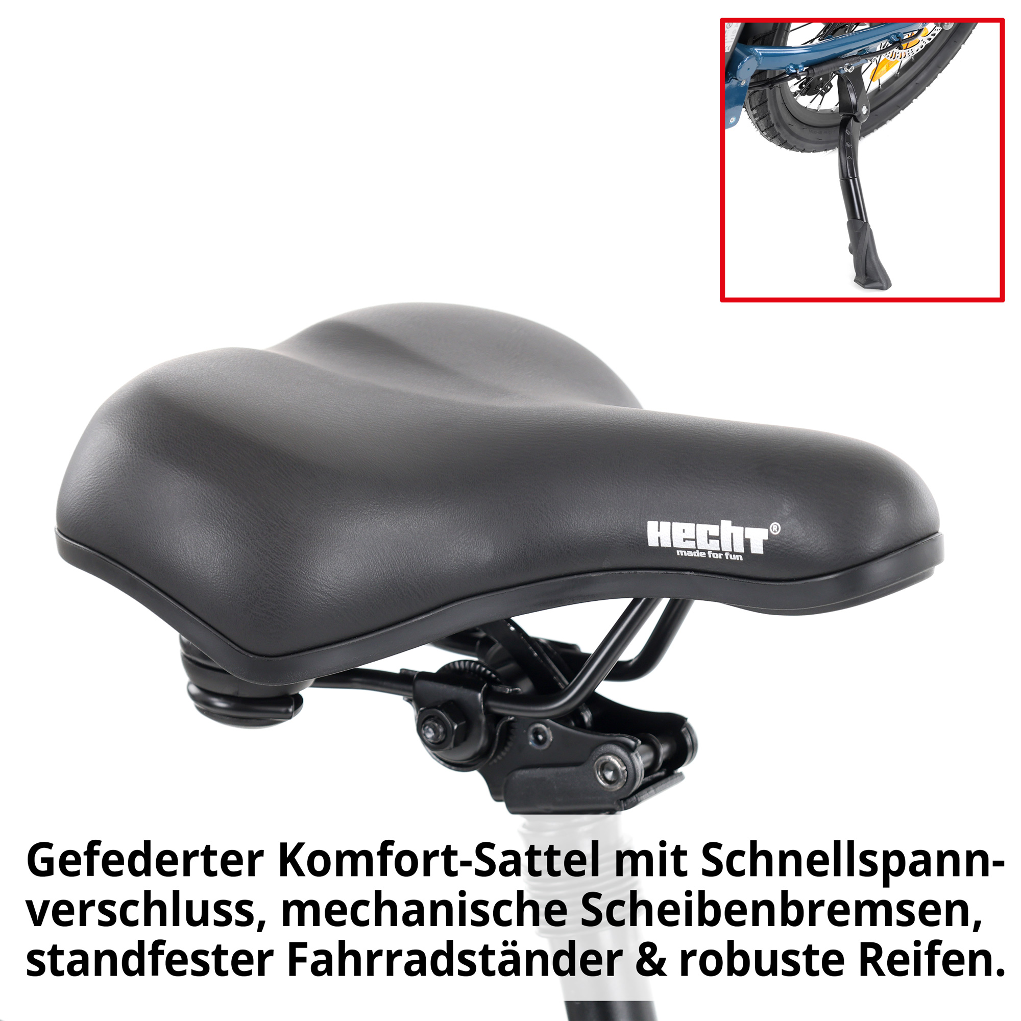Hecht COMPOS BLUE - Elektro Klapprad mit gefedertem Komfort-Sattel mit Schnellspannverschluss, mechanische Scheibenbremsen, standfester Fahrradständer und robusten Reifen