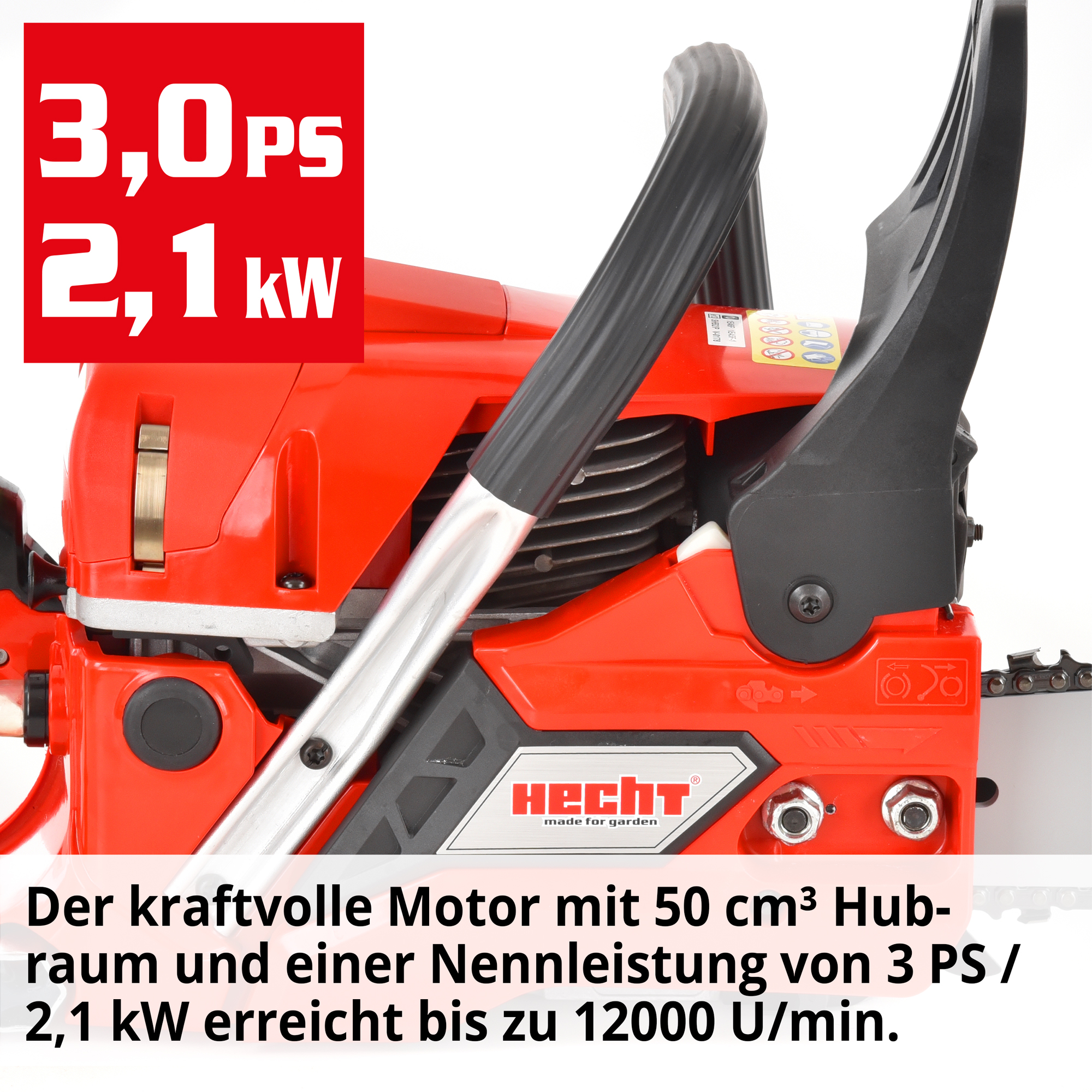 HECHT Motorsäge 950 Motorsäge mit kraftvollem Motor mit 50 ccm Hubraum, 3 PS / 2,1 Nennleistung und 12000 U/min
