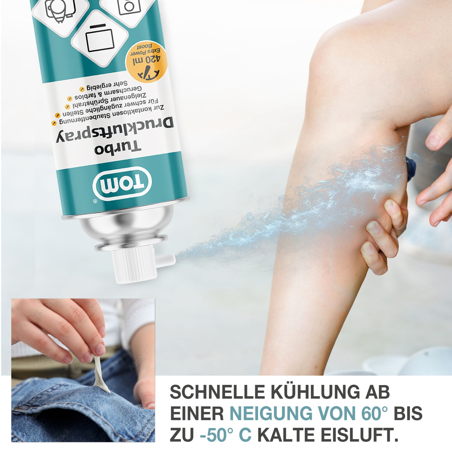 TOM Druckluftspray PS-420; ab einer Neigung von 60 Grad bis zu -50 Grad Celsius kalte Luft