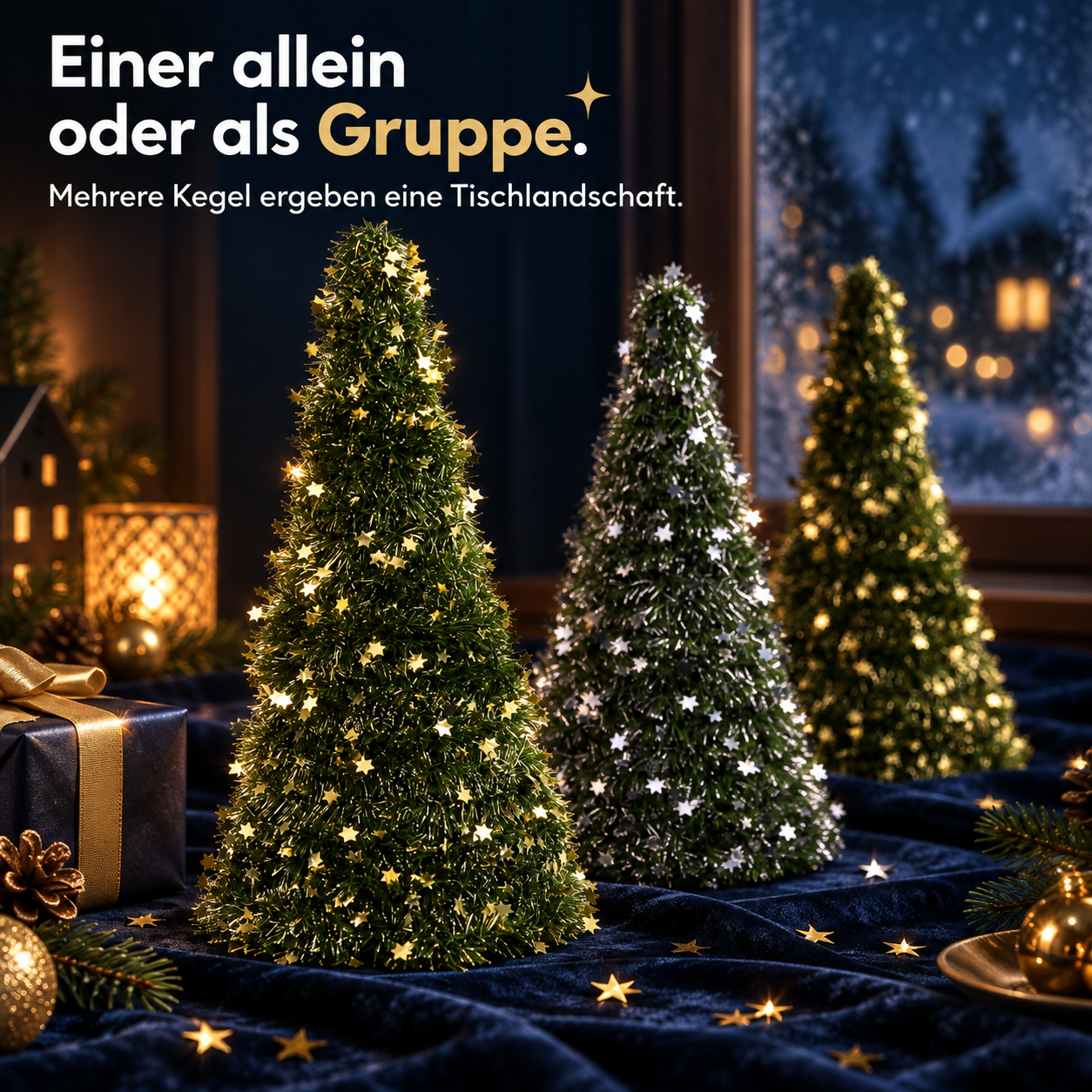 Lametta-Baum als Gruppe: Mehrere Kegel ergeben eine festliche Tischlandschaft (Dieses Bild wurde mit Hilfe von KI generiert.)